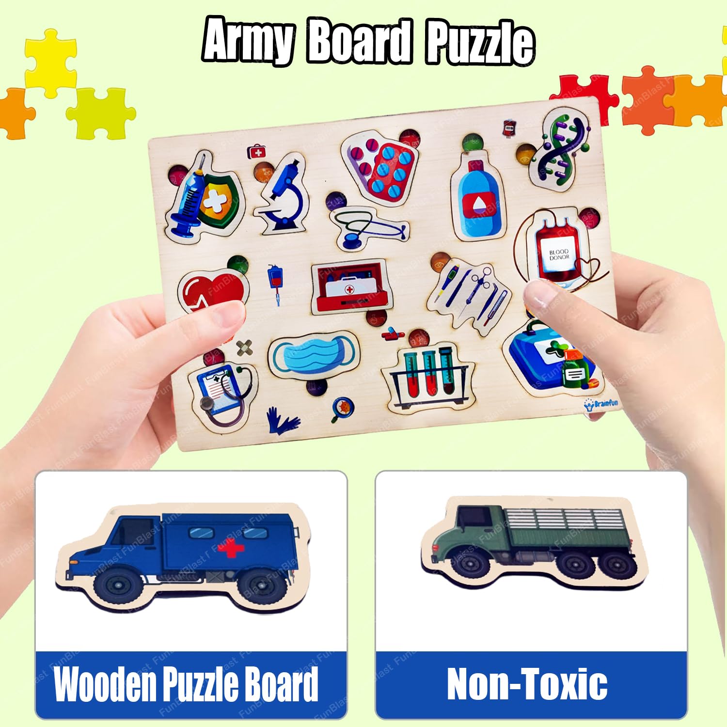 FunBlast Wooden Army Vehicle Puzzle Board - Colorful Educational Learning Toy for Kids, Boys & Girls | STEM Toy for Early Childhood Development & Creative Play