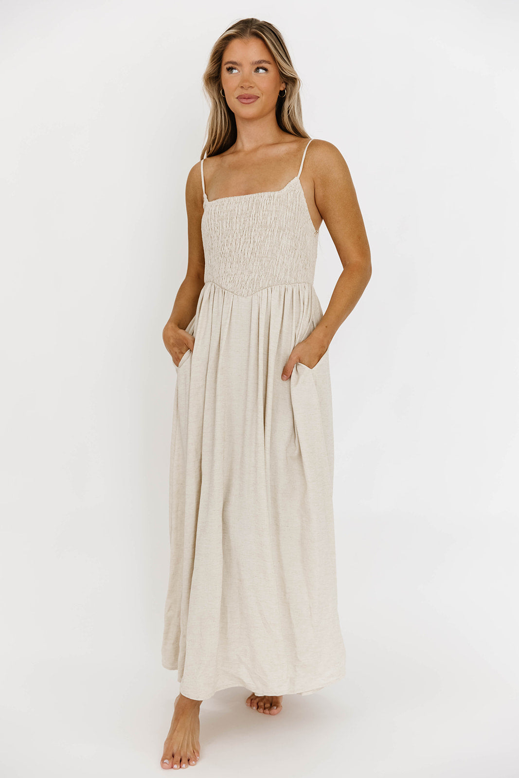 Josefina Smocked Maxi Dress in Natural - Bump Friendly Maternity Dress for Pregnancy & Nursing | Perfect for Baby Showers, Beach Vacations & Summer Weddings