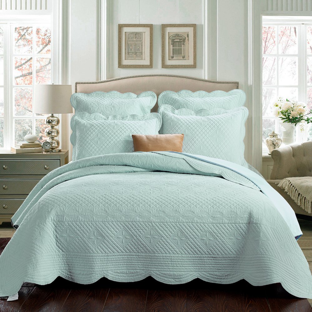 Luxury Pure Cotton Quilt Queen Size - Light Aqua Sage Garden Design for Bedroom Decor | Soft & Breathable Comforter for All Seasons | Calla Angel Collection