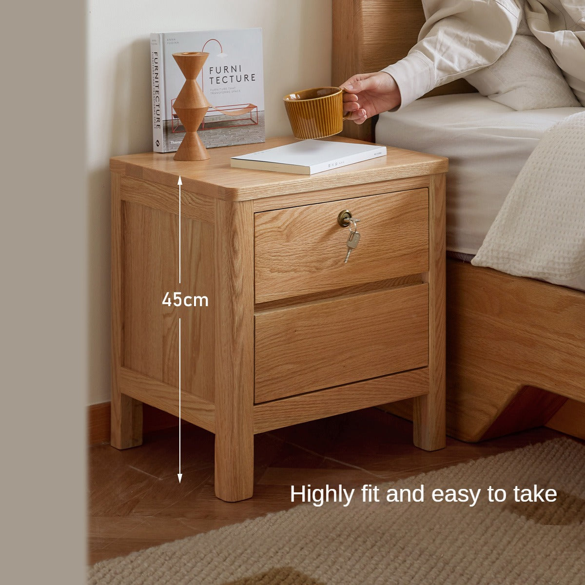 Solid Oak Wood Nightstand with Locking Drawer - Stylish and Durable Bedside Table for Bedroom, Living Room, or Guest Room