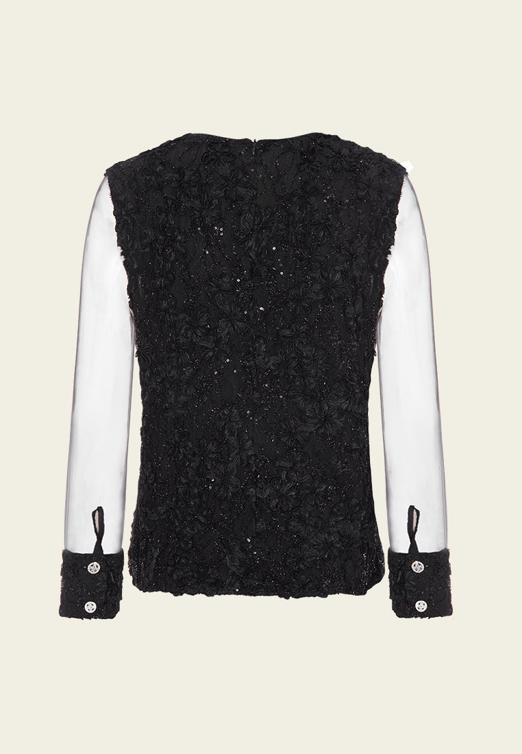 Elegant Ruffled Mesh Sleeve Blouse for Women - Fashionable Floral Print Top for Casual Wear, Office & Date Night Outfits