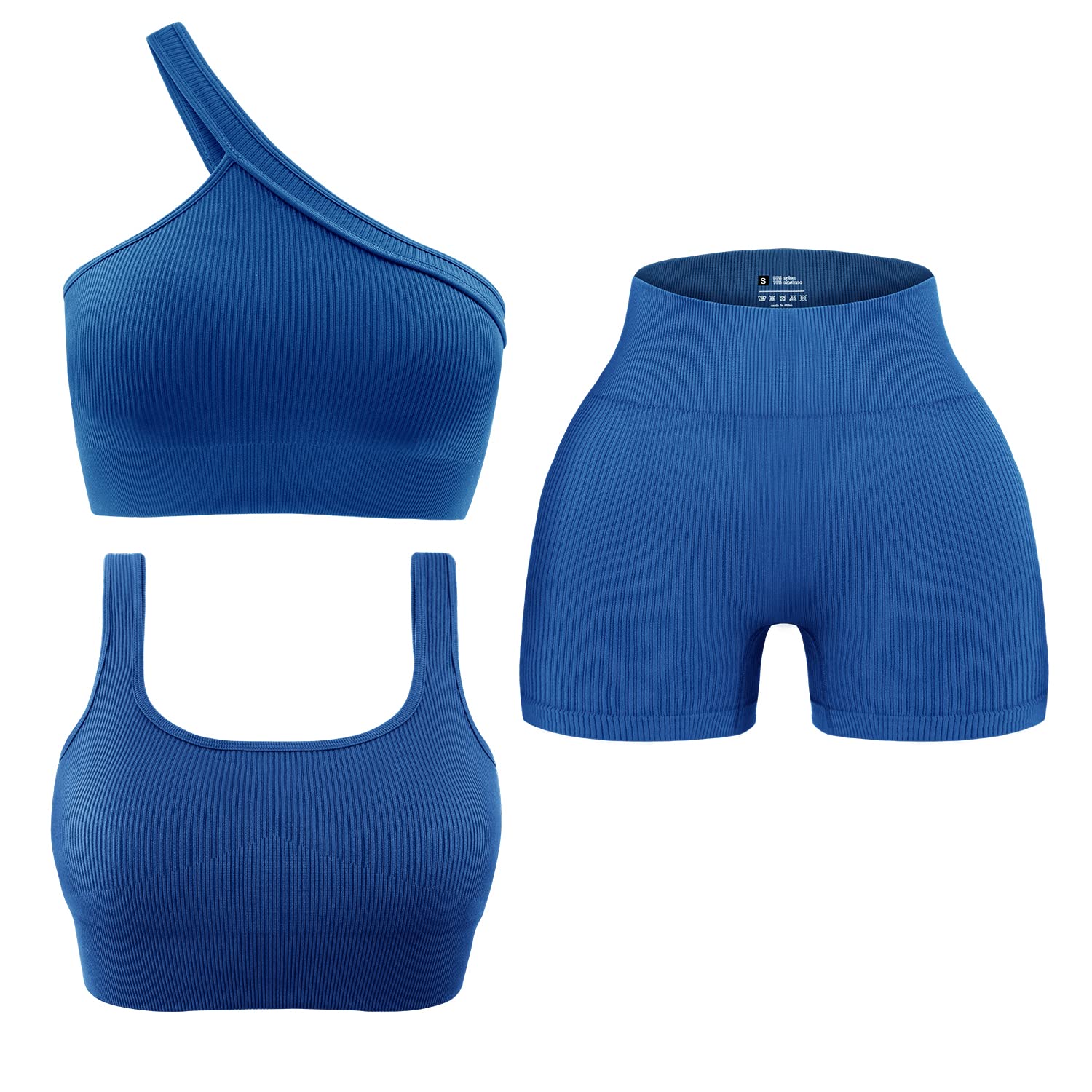 OLCHEE Women's 3-Piece Workout Set - Seamless Ribbed Yoga Outfit with One Shoulder Sports Bra & High Waist Shorts for Gym, Running & Athletic Training | Perfect for Yoga, Pilates & Fitness Classes