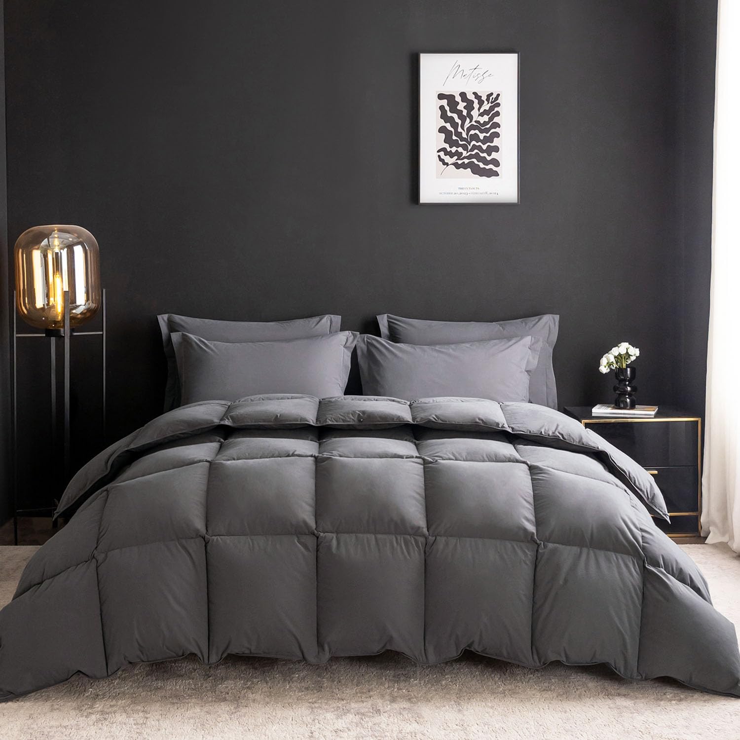 Premium 750+ Fill Power Feather Down Comforter - Full/Queen Size Hotel Luxury Bedding | 100% Organic Cotton 1200TC All-Season Grey Duvet Insert with 8 Corner Tabs | Perfect for Master Bedroom, Guest Room & Cozy Winter Nights