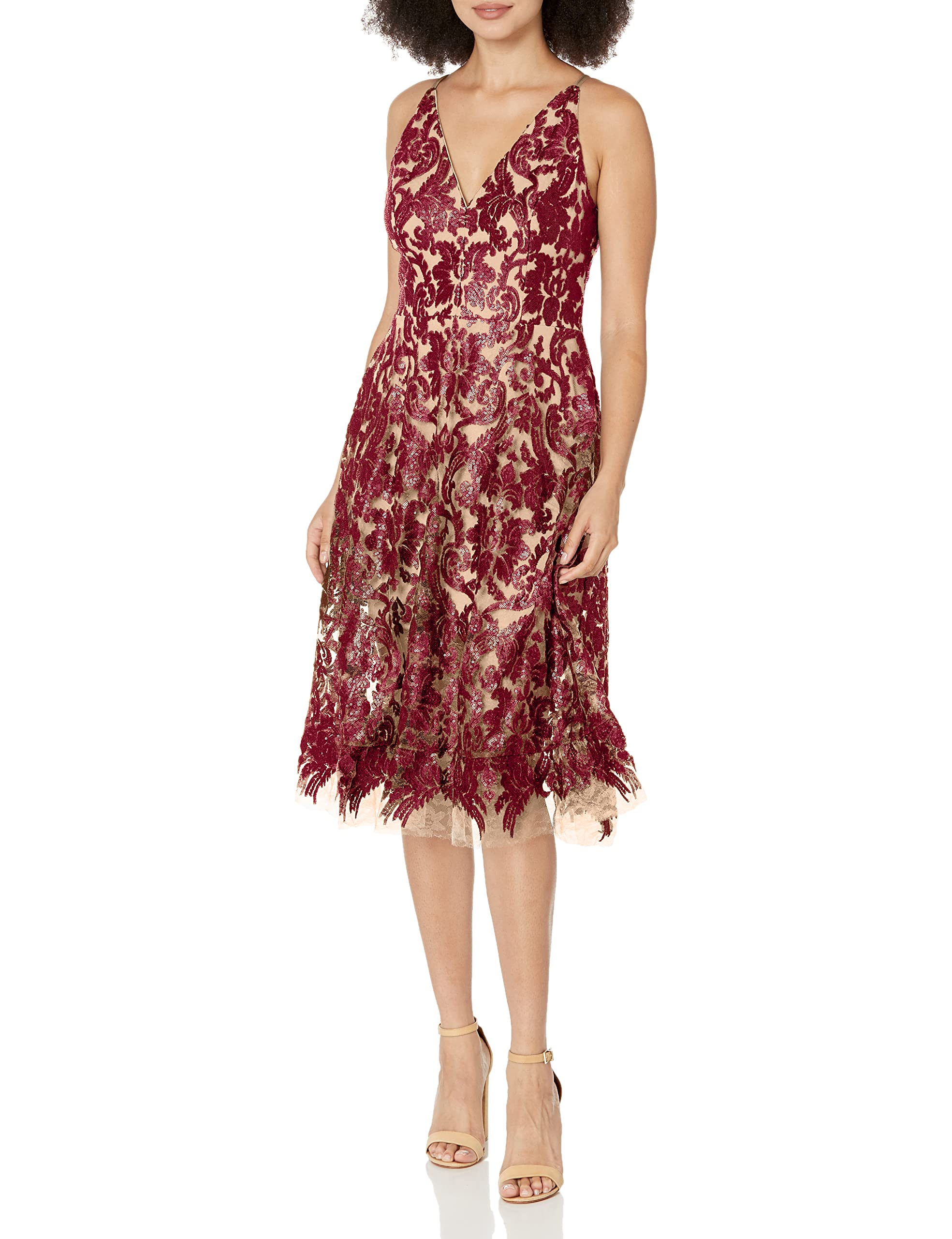 Dress the Population Women's Blair Plunging V-Neck Fit & Flare Midi Dress - Perfect for Cocktail Parties, Weddings & Date Nights