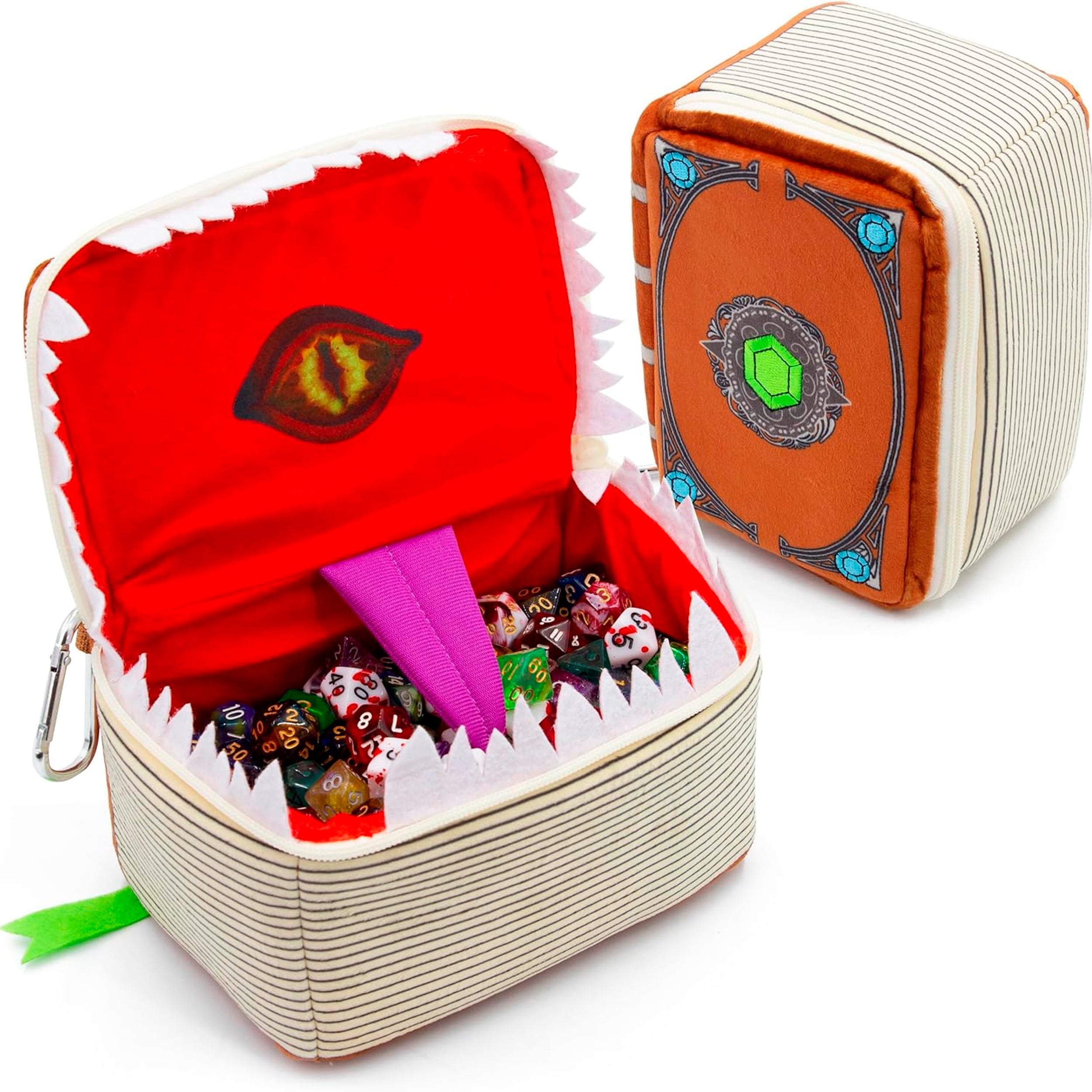 CASEMATIX Mimic Tome Dice Chest - Premium Dice Storage Case with 7 RPG Dice Sets, Plush Zipper Dice Bag & Carabiner - Holds 250 D&D Tabletop Dice - Perfect for Dungeons & Dragons, Pathfinder & TTRPG Game Nights