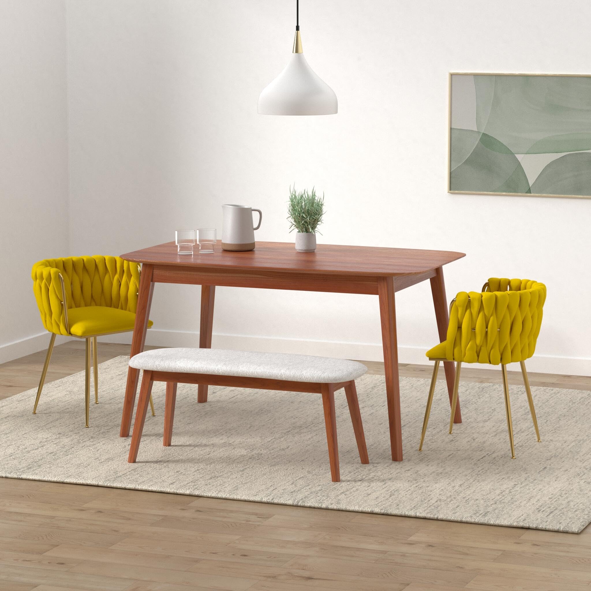 NIOIIKIT Modern Velvet Dining Chairs Set of 2 - Handwoven Accent Chairs with Golden Metal Legs, Upholstered Side Chairs for Living Room, Dining Room, Kitchen & Vanity (Mustard Yellow) | Perfect for Home Decor, Dinner Parties & Cozy Seating