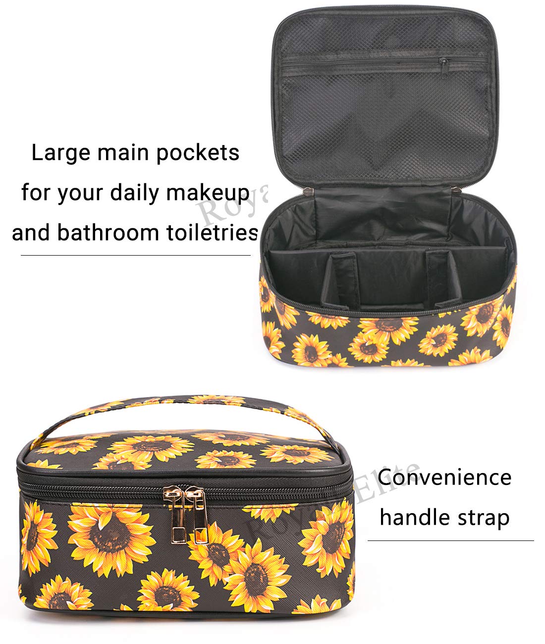 **Large Waterproof Sunflower Printed Makeup Bag - Travel Cosmetic Organizer with Gold Zipper for Brushes & Toiletries | Perfect for Women's Travel, Gym, or Daily Essentials Storage**