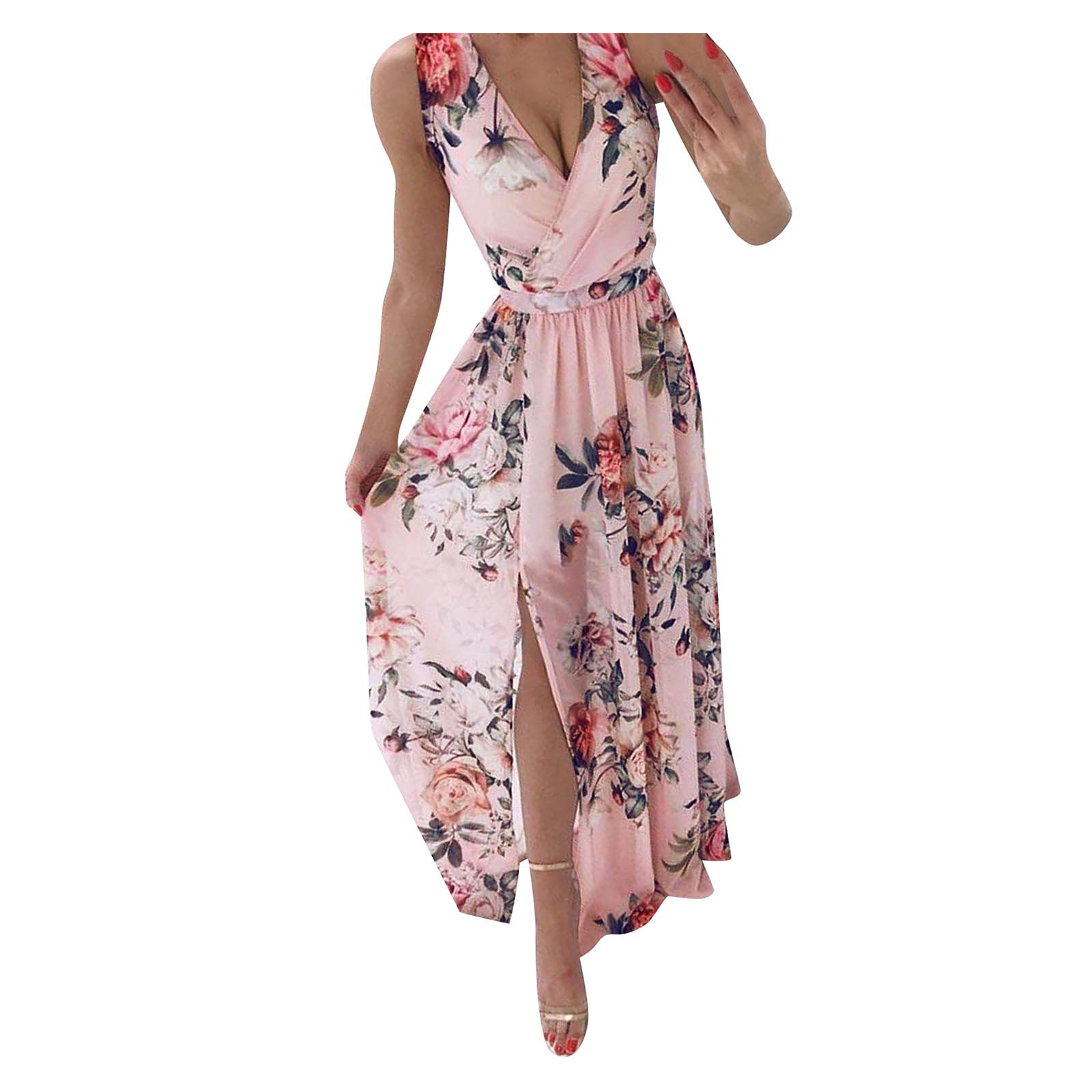 HIRIRI Women's Bohemian Floral Maxi Dress - Sleeveless Loose Summer Beach Dress with Pockets & Side Slit | Casual Swing Tank Dress for Vacation, Pool Party & Outdoor Date (Pink)