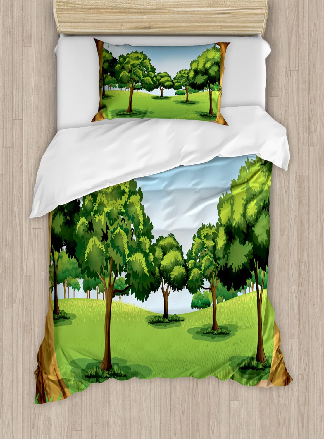 Ambesonne Forest Duvet Cover Set - Twin Size 2-Piece Bedding with 2 Duvet Covers & 2 Pillowcases, Woods Theme Cartoon Drawing Style in Green Pale Blue Caramel - Perfect for Kids Rooms, Guest Bedrooms & Cozy Cabin Retreats