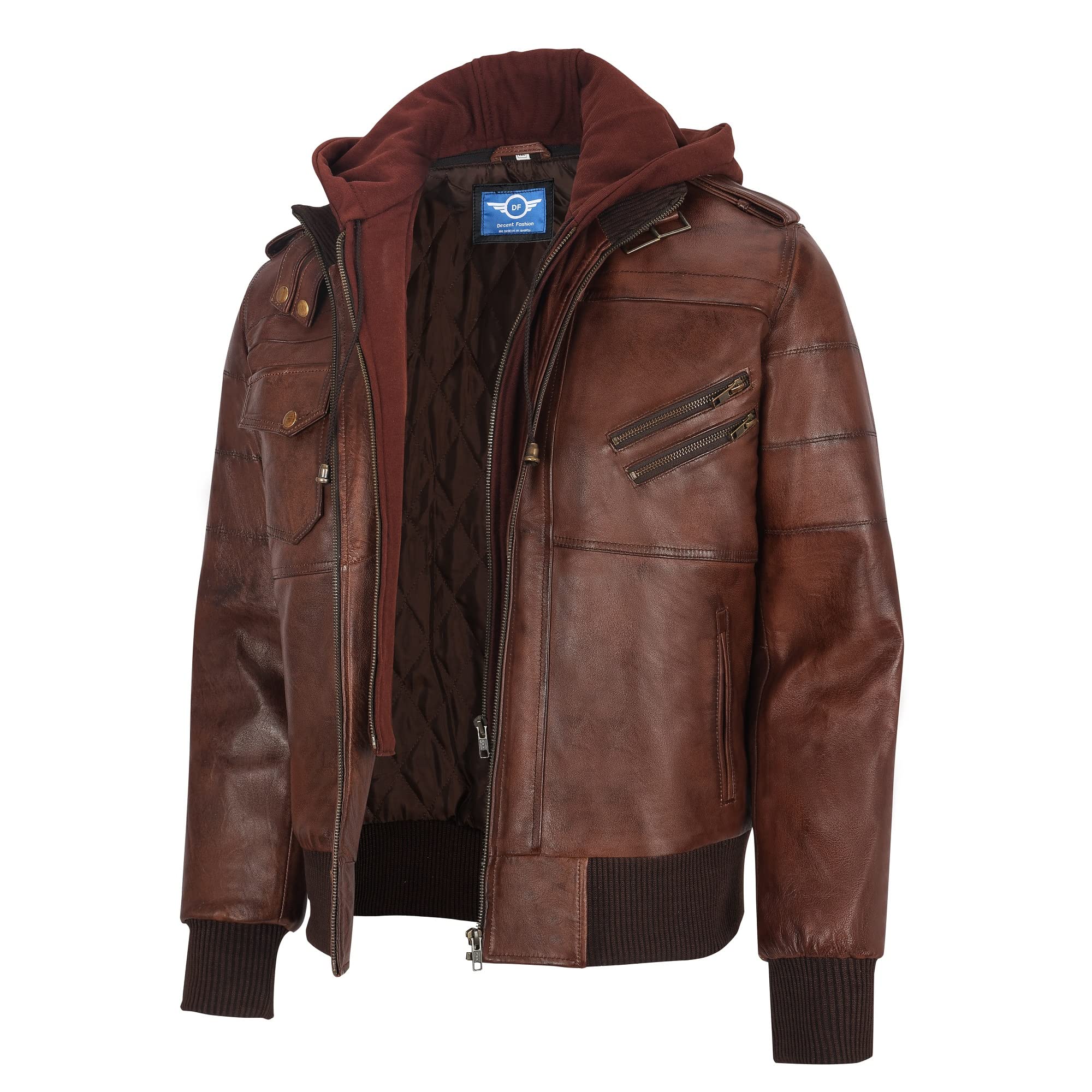 Men's Brown Leather Jacket with Removable Hood - Stylish Motorcycle Jacket for Bikers & Outdoor Enthusiasts | Perfect for Riding, Casual Wear & Cool Weather Protection