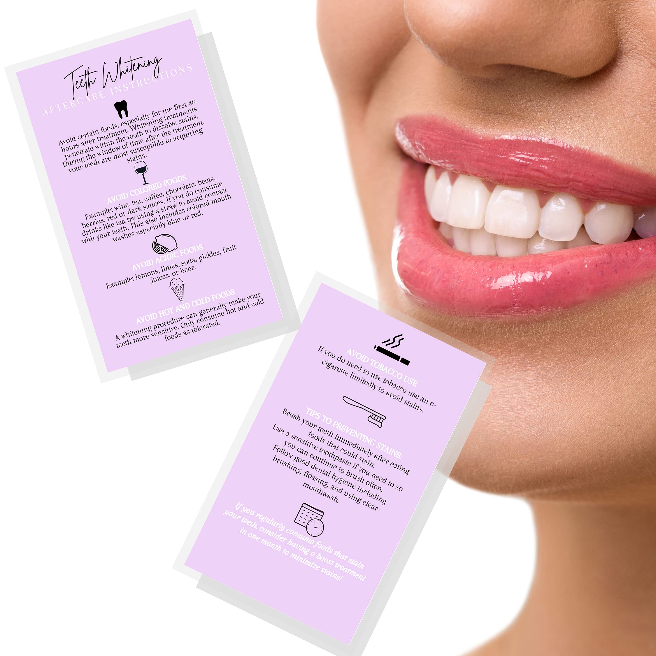 Boutique Marketing LLC Teeth Whitening Aftercare Instructions Cards - 50 Pack of 2x3.5 Inch Business Cards | Wallet-Sized Lavender Purple Design | Perfect for Dental Offices, Beauty Salons & Home Whitening Kits