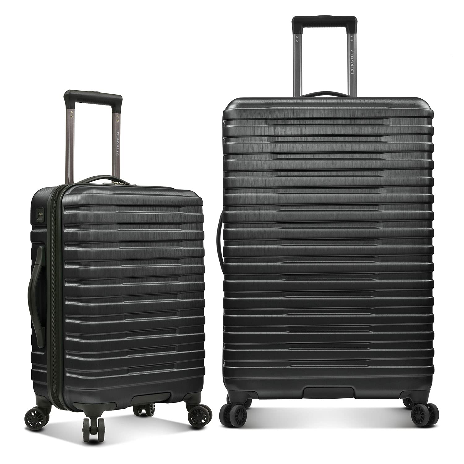 U.S. Traveler Boren Polycarbonate Hardside Spinner Luggage Set (2-Piece) - 8-Wheel Carry-On Suitcase with Aluminum Handle & USB Charging Port - Durable Black Travel Bags for Business Trips & Family Vacations