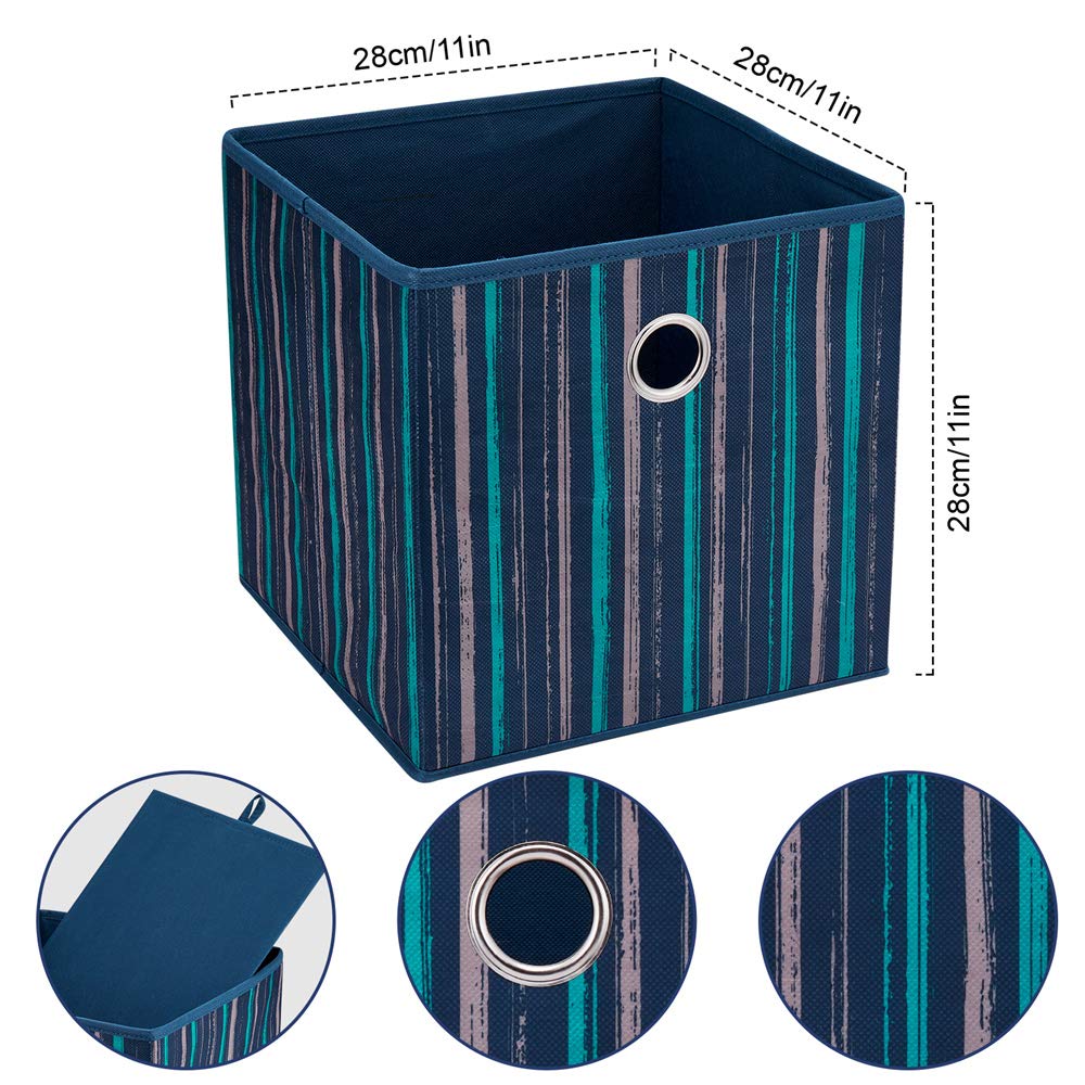 Blue Teal Printed Vertical Stripe Fabric Storage Cubes 11x11x11 Inch - Foldable Cube Bins, Storage Baskets & Drawer Inserts for Closet, Office, Nursery Organization (Set of 6) - Perfect for Home, Dorm & Classroom Organization