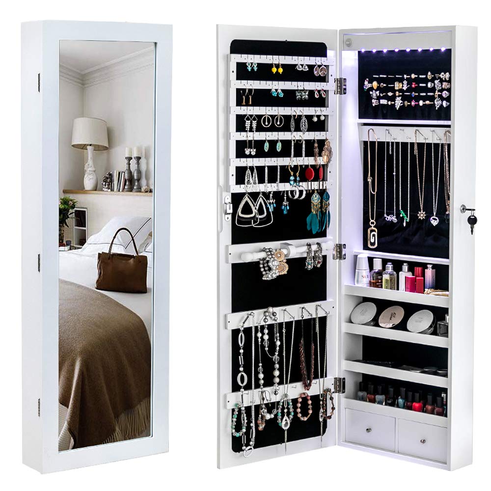 White Wall-Mounted Jewelry Armoire Cabinet with Full-Length Mirror, LED Lights & Lockable Drawers - Large Jewelry Organizer for Necklaces, Rings & Accessories - Perfect for Bedroom Closet or Walk-In Wardrobe Organization
