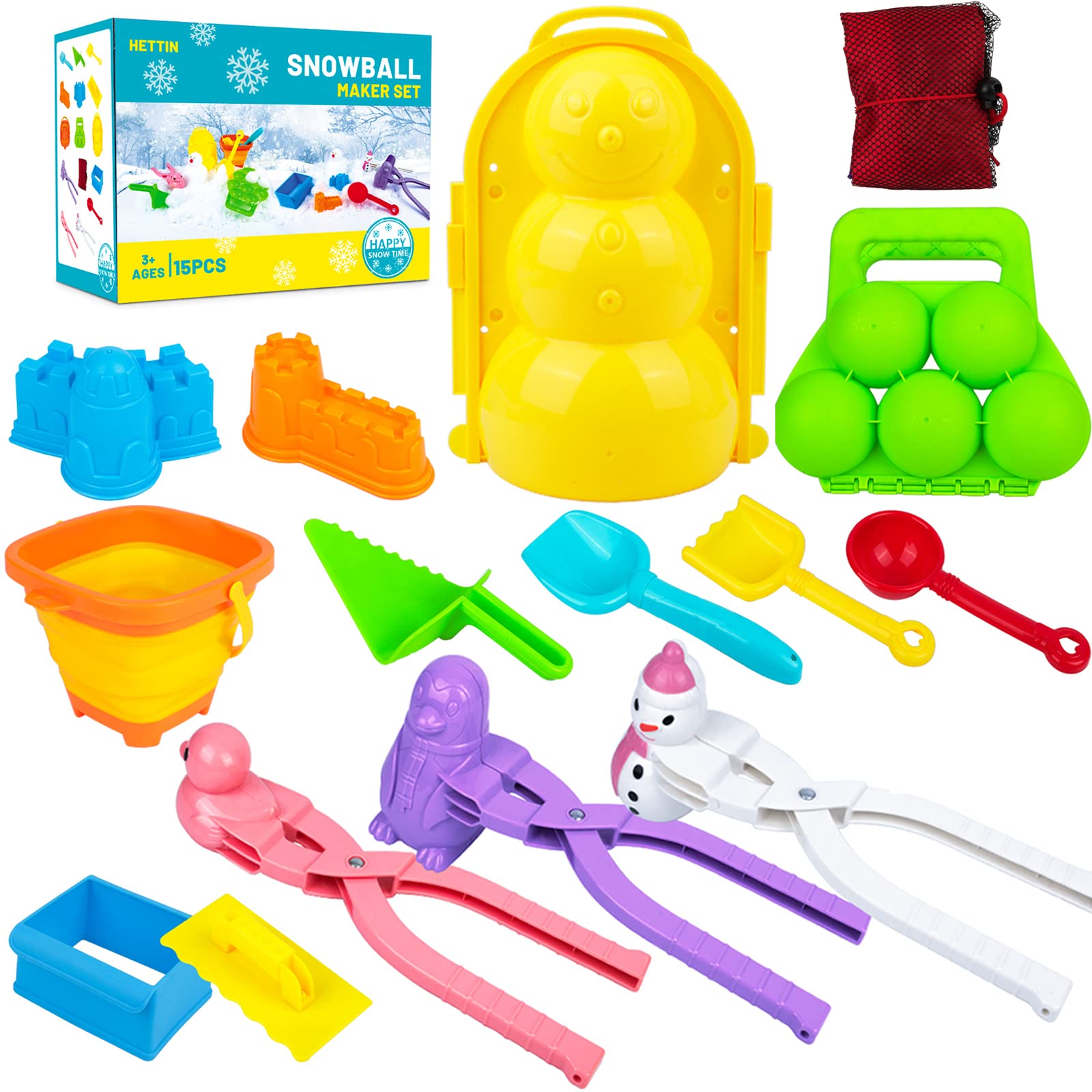 HETTIN 15pcs Snowball Maker Kit with Handles - Winter Snow Toys for Kids & Adults - Perfect for Outdoor Snowball Fights, Snowman Building & Winter Sports Activities