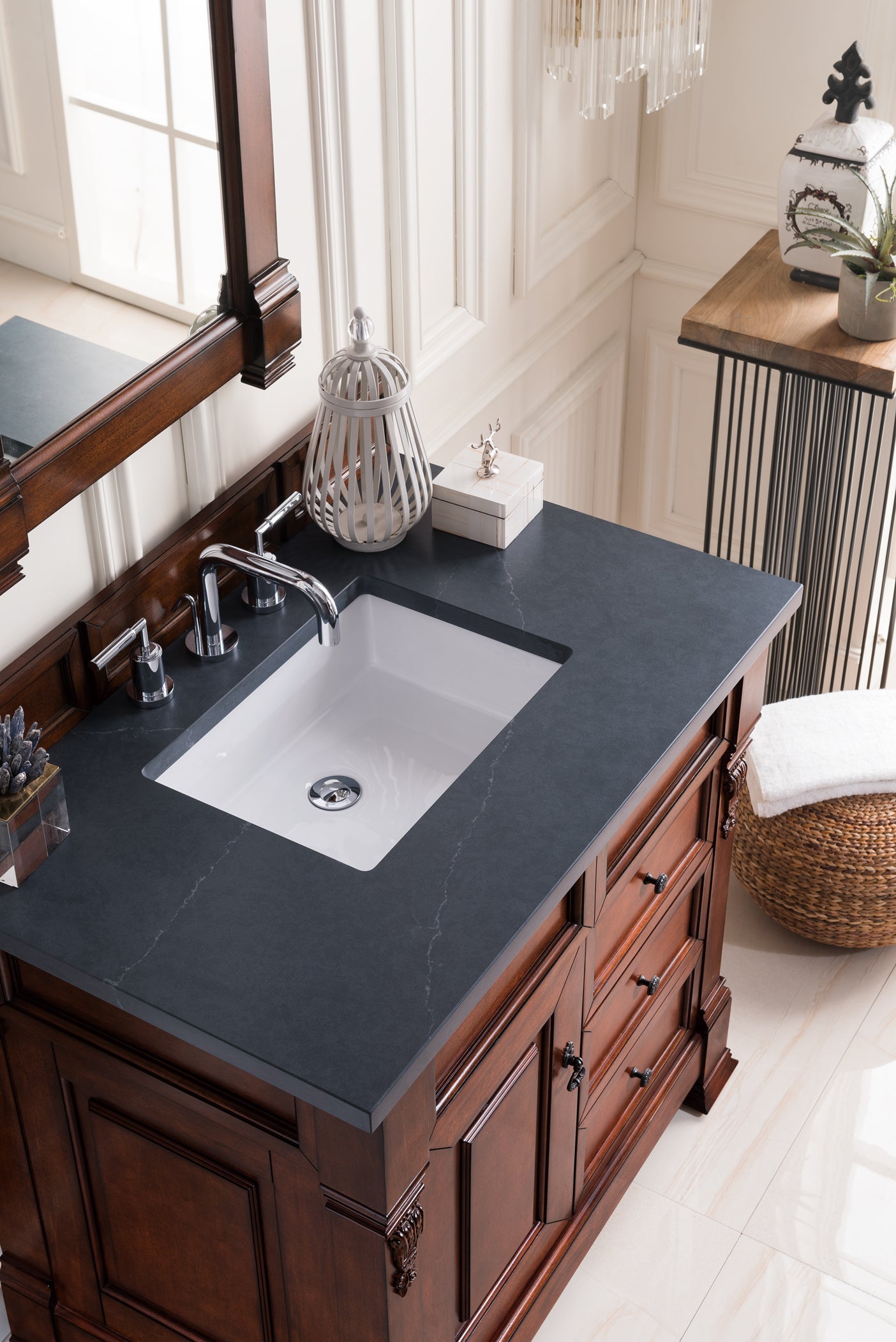 Brookfield 36 Inch Single Bathroom Vanity with Warm Cherry Finish & 3CM Charcoal Soapstone Quartz Top - Perfect for Modern Master Bathrooms & Powder Rooms