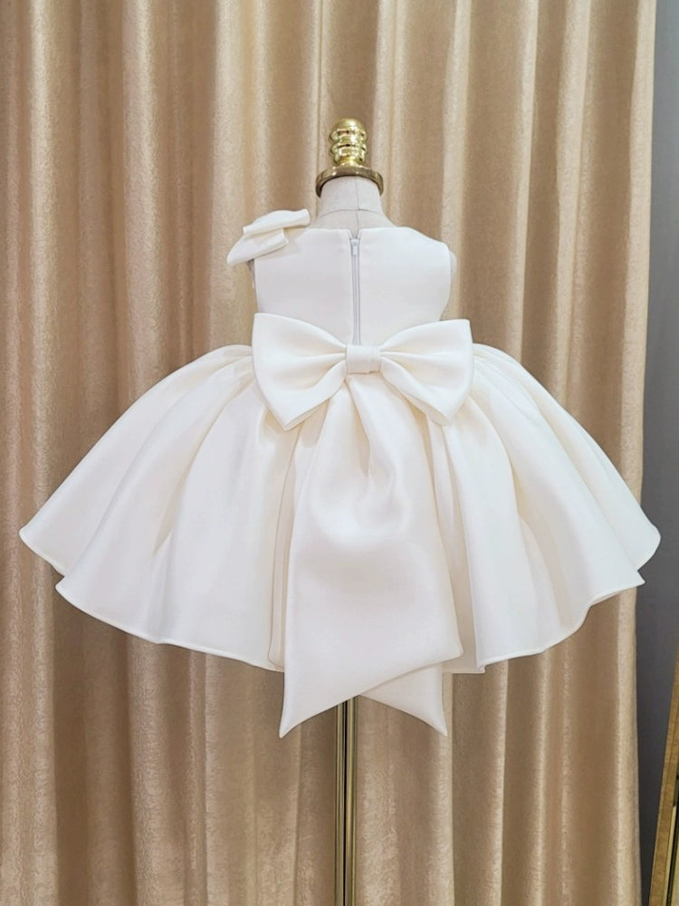 Princess Round Neck Tea Length Satin Flower Girl Dress - White for Weddings, Parties & Special Occasions