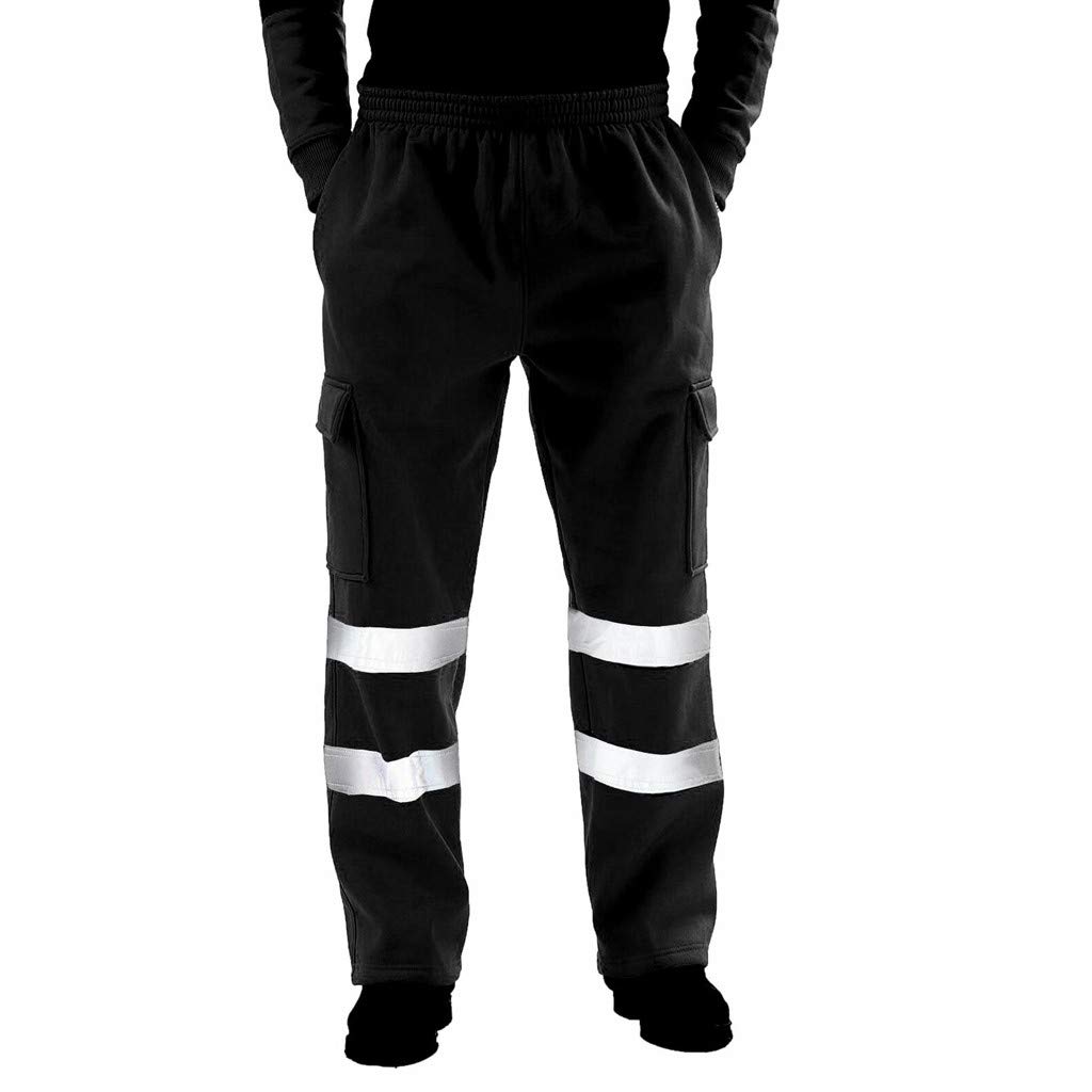 High Visibility Men's Cargo Pants with Reflective Strips - Adjustable Drawstring Work Pants for Construction, Road Work & Safety Apparel