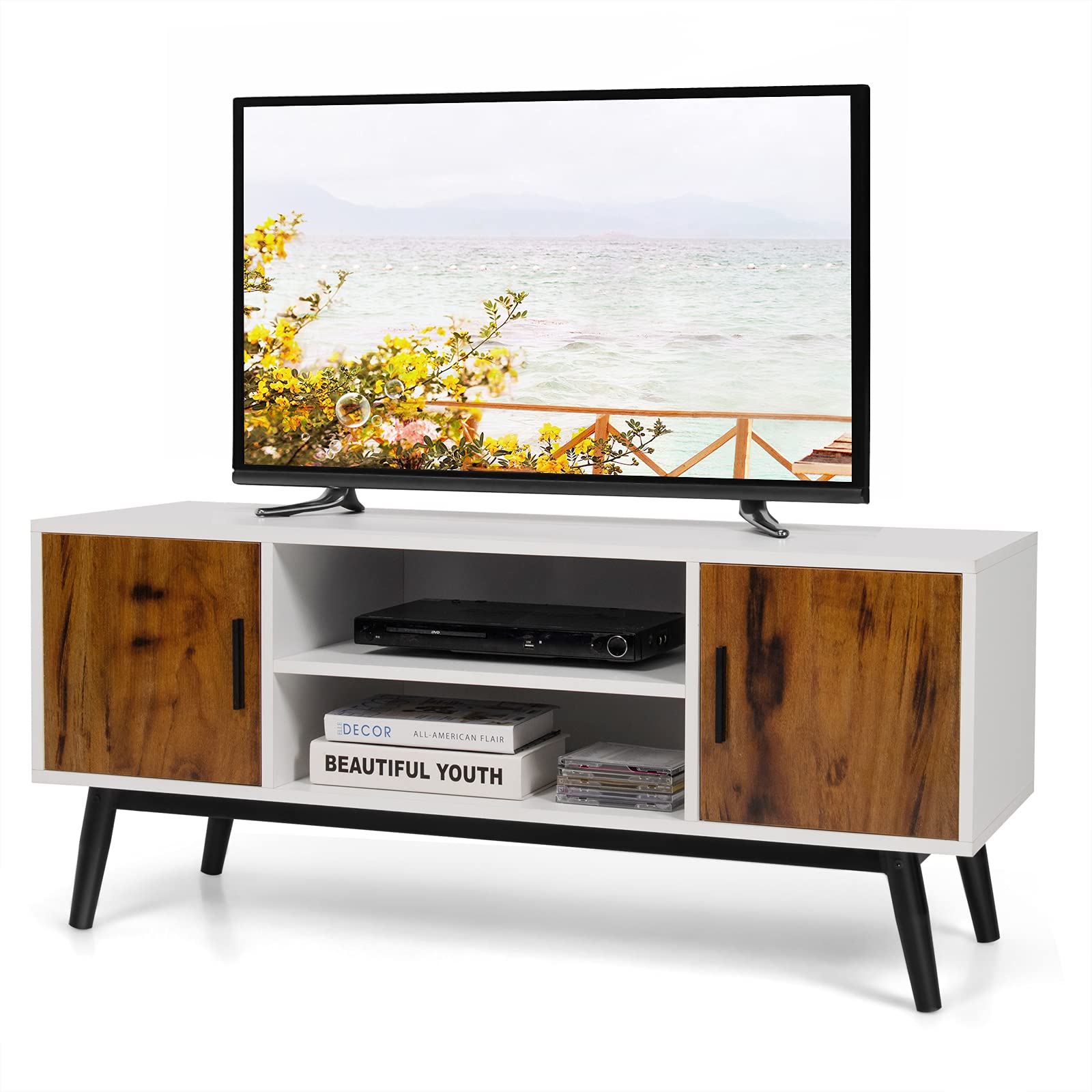 Tangkula 55 Inch TV Stand with 2 Doors - Mid-Century Modern Entertainment Center with 2 Storage Cabinets, Open Shelves & Cable Management - Perfect for Living Room, Bedroom or Home Theater Setup