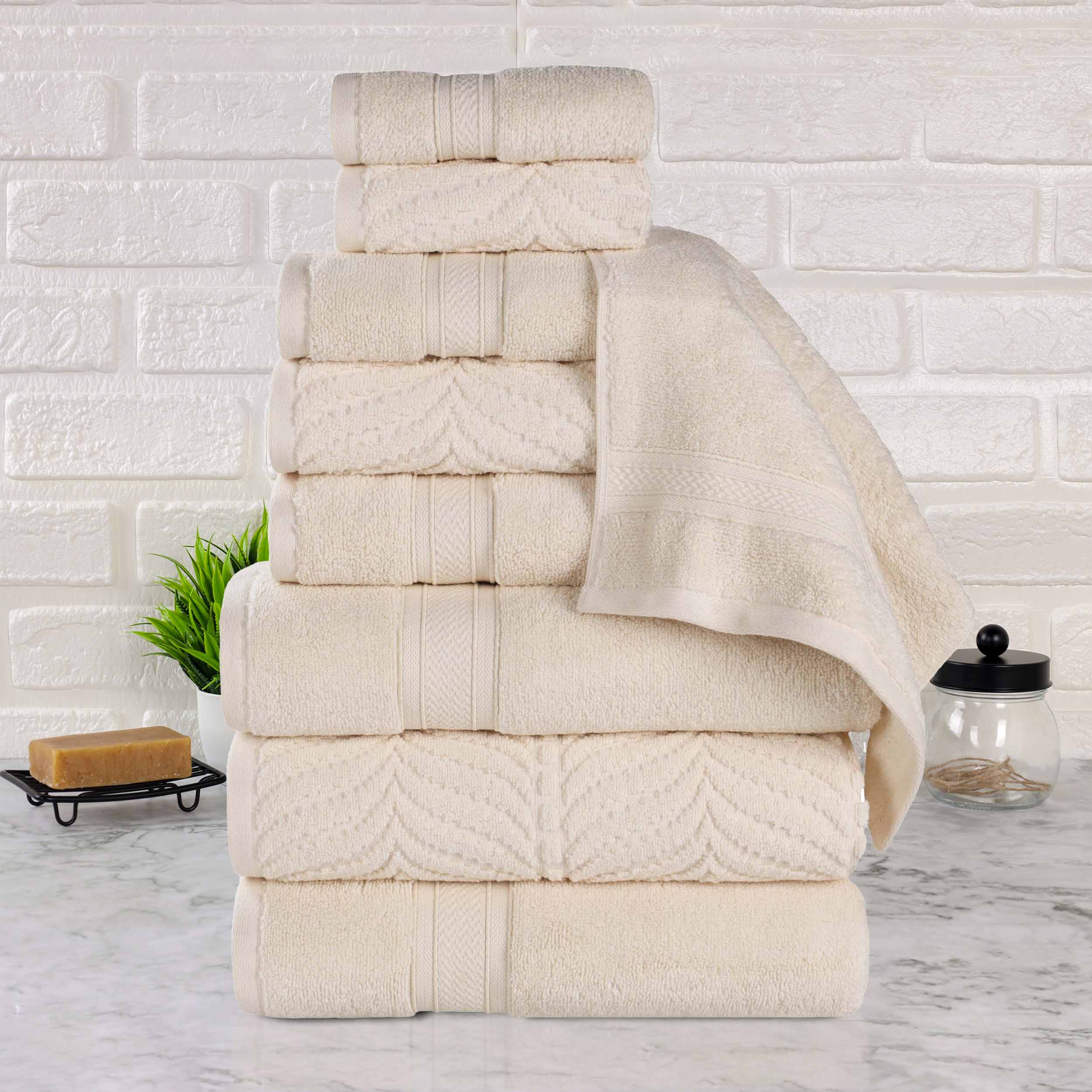 Premium 9-Piece Zero Twist Cotton Towel Set - Solid & Jacquard Elegant Chevron Design for Bath, Spa, and Luxury Home Decor