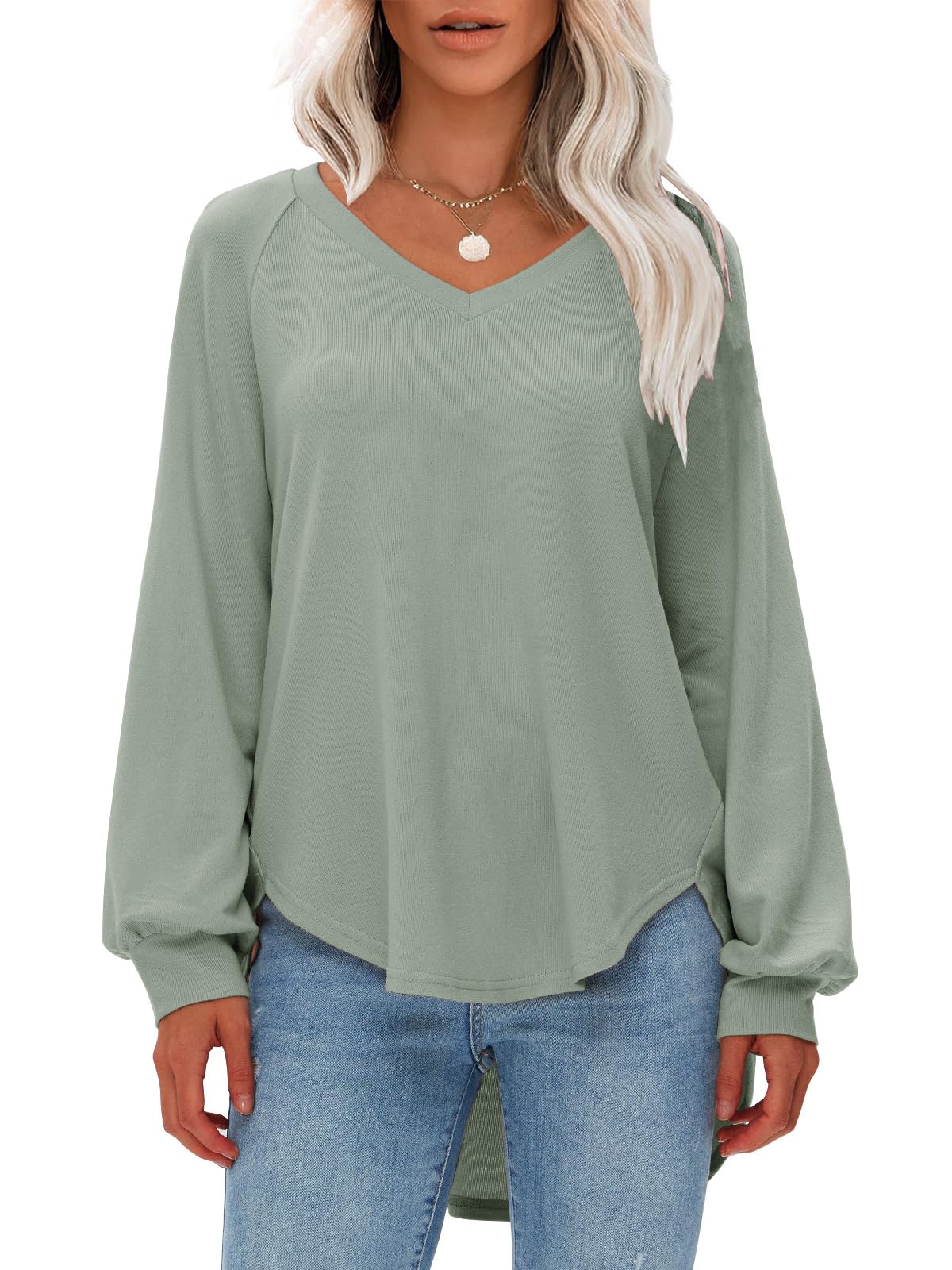 EXLURA Women's Spring Oversized V-Neck Tunic Top 2025 - Casual Long Sleeve Shirt, Lightweight Soft Sweater with Curved Hem - Perfect for Work, Travel & Everyday Wear
