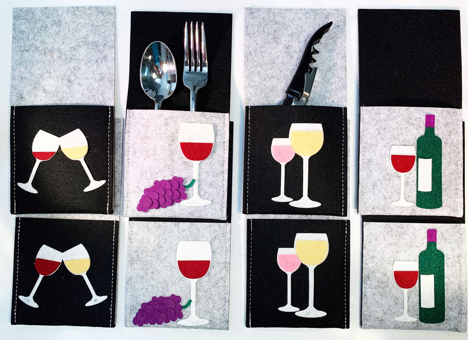Premium Wine Tasting Party Silverware Holders Set - 8 Pack Durable Colorful Felt Napkin Rings with Wine Bottle, Glass & Grape Designs - Perfect for Entertaining, Book Clubs, Housewarming Gifts & Dinner Parties