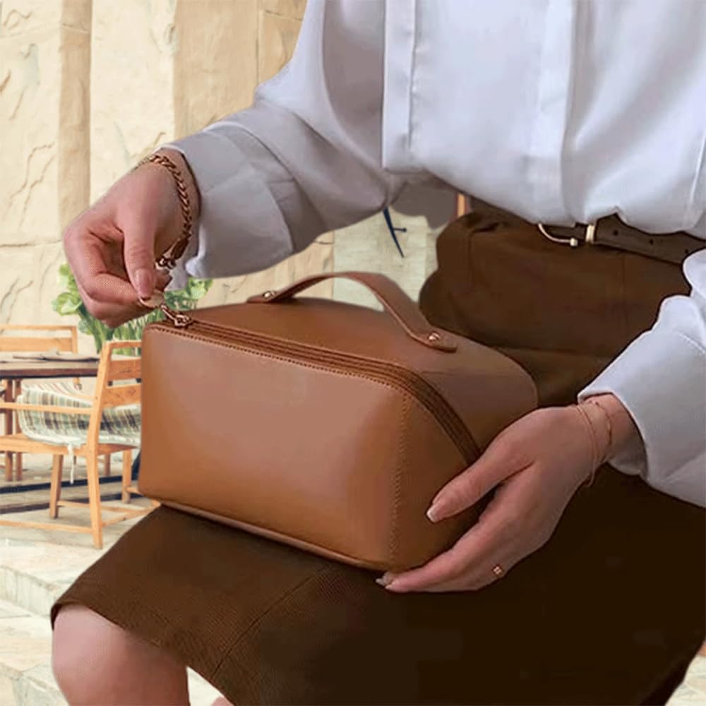 Logicmart Leather Cosmetic Travel Bag for Women - Waterproof Makeup Organizer with Handle (Brown) | Perfect for Air Travel, Vacation & Daily Makeup Storage