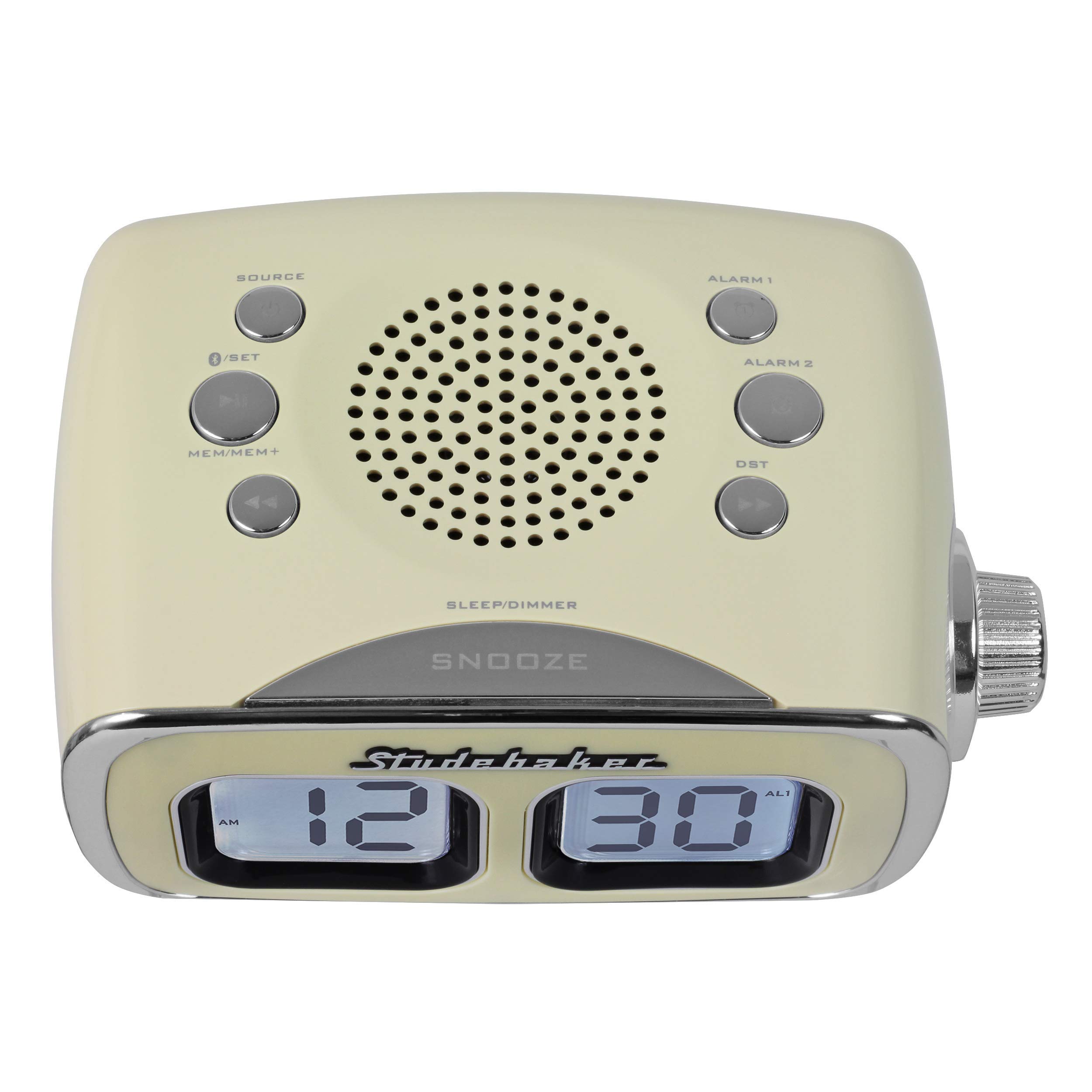 Studebaker Large Display LCD AM/FM Retro Clock Radio with USB, Bluetooth & Aux-in - Vintage Alarm Clock for Bedroom, Kitchen, Office (Cream White) | Perfect for Nightstands, Countertops & Small Spaces