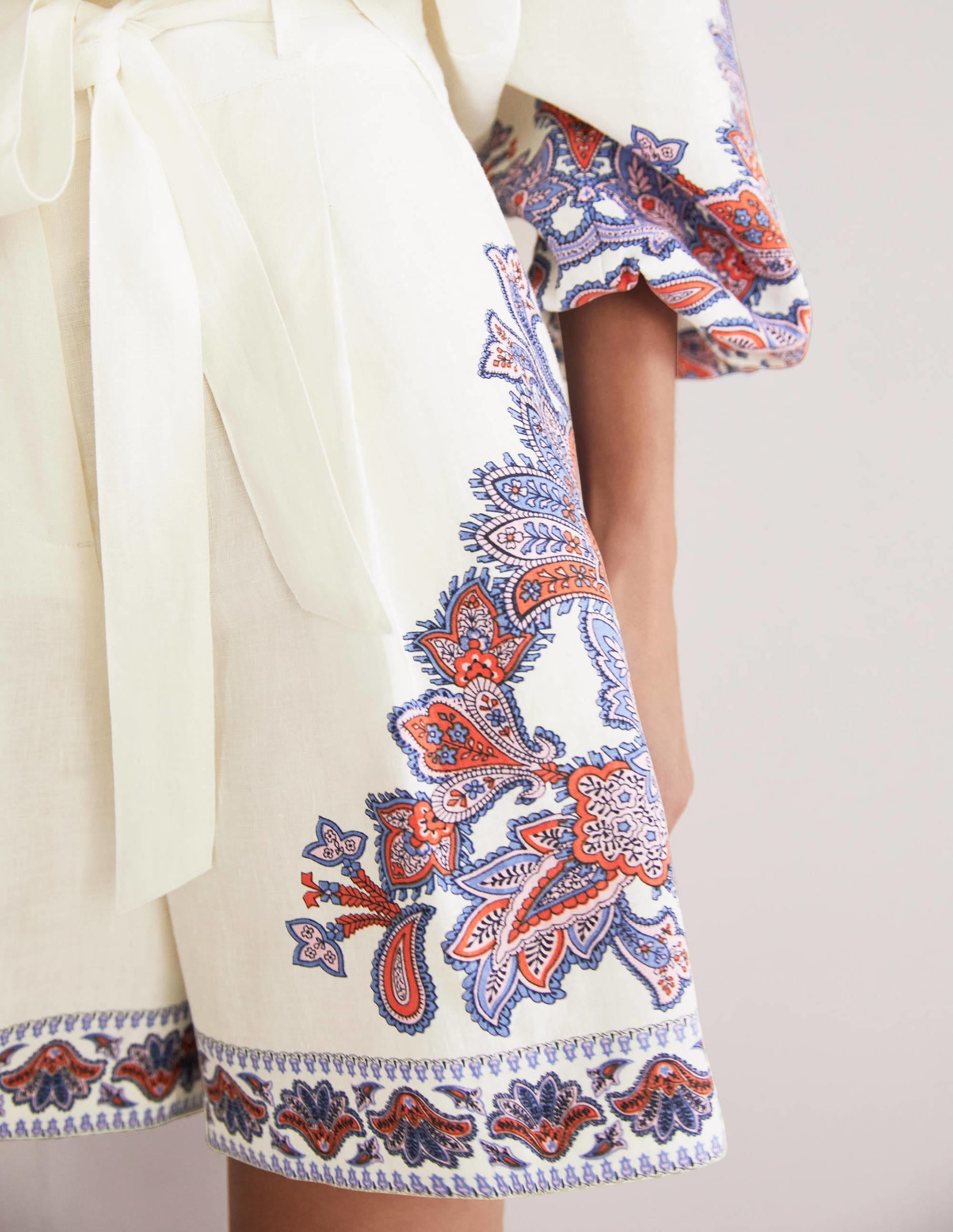 Alma Tie Waist Linen Shorts for Women - Ivory Paisley Floral Print - Summer Casual Shorts for Beach, Vacation and Everyday Wear