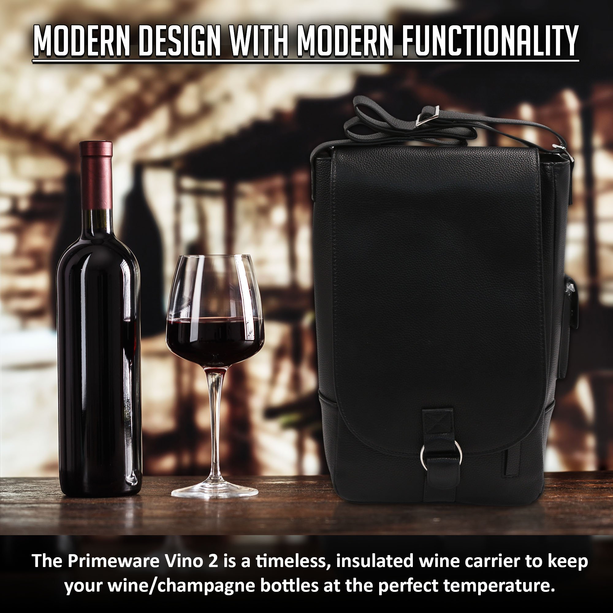 Premium Vino2 Two-Bottle Saddle Leather Wine Tote Bag - Stylish Messenger Carrier for Wine Bottles (Black) | Perfect for Picnics, Parties & Gifts