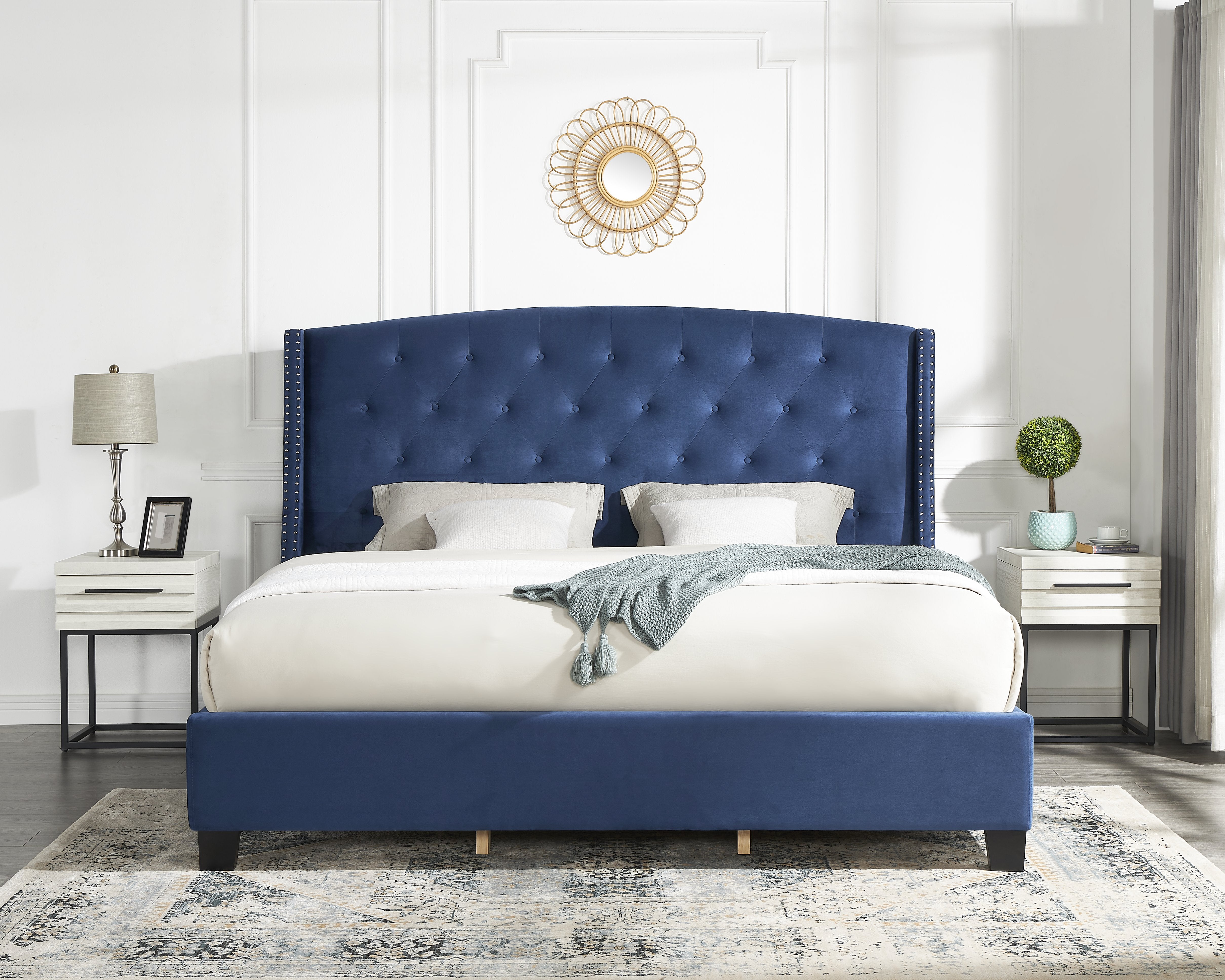 Roundhill Furniture Fentina 3-Piece Upholstered Bedroom Set - Tufted Velvet Wingback Queen Bed with 2 Nightstands for Luxurious Master Bedroom Decor | Perfect for Modern & Classic Home Interiors