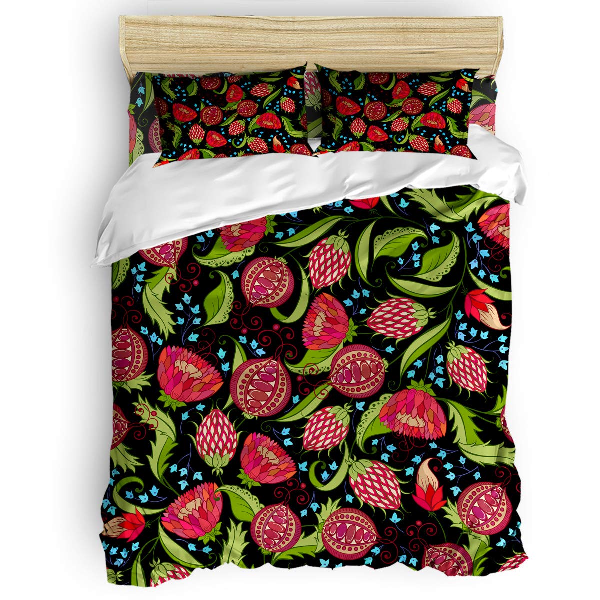 Queen Size Kids Duvet Cover Set - Pomegranate Flower Print in Black & Red for Girls & Boys | 1 Comforter Cover, 1 Flat Sheet & 2 Pillowcases | Perfect for Children's Bedroom, Nursery Decor & Gift