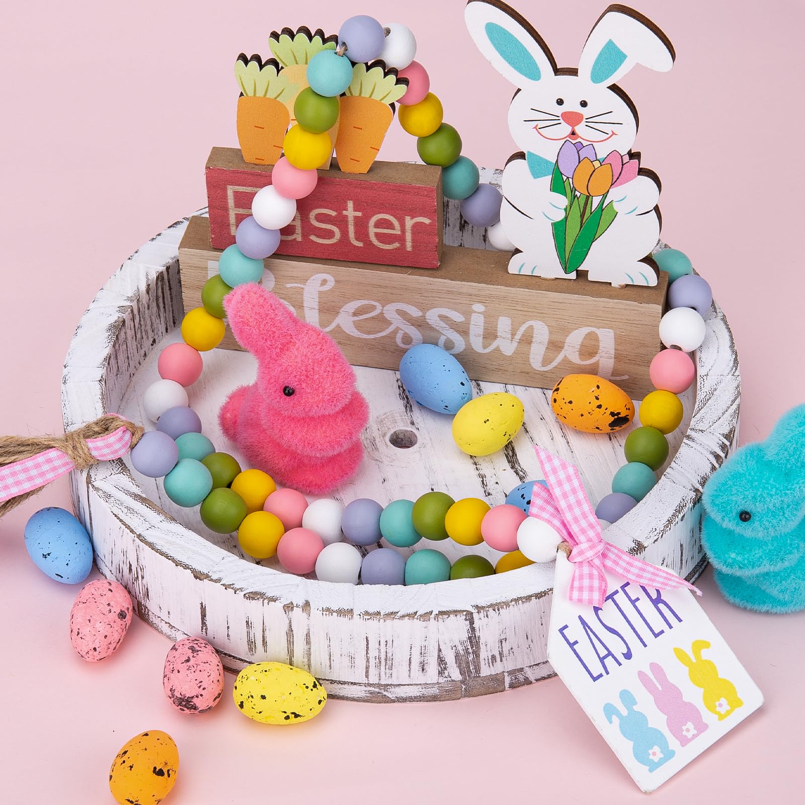 Easter Wood Bead Garland - 38.6 Inch Spring Wooden Beads with Tassel, Boho Farmhouse Rustic Hanging Decor for Home, Wall, Tiered Tray & Shelf - Perfect for Easter Bunny Decorations, Spring Parties & Farmhouse Style Room Decor