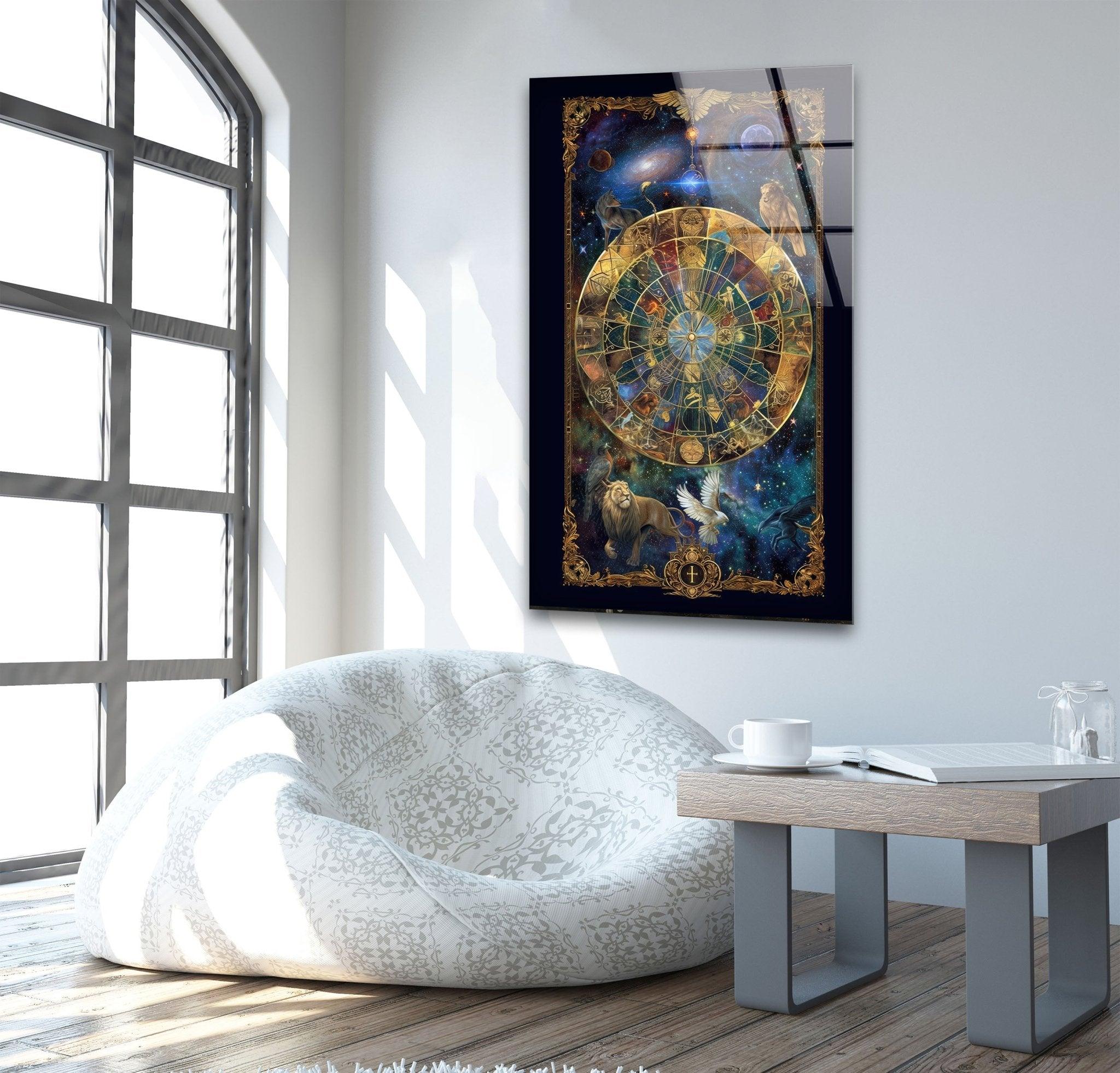 Celestial Astrology Glass Wall Art Decor - Handmade Zodiac Sign Mural for Home, Office & Meditation Room - Perfect for Spiritual Spaces & Gift Giving