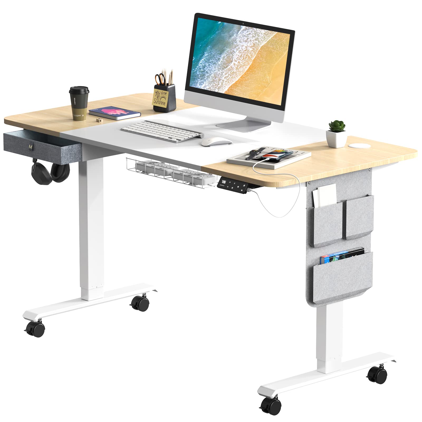 MAIDeSITe Electric Standing Desk 48 x 24 Inches - Adjustable Height Ergonomic Computer Desk with Drawers, Storage Bag & Cable Management Tray - Home Office Desk for Work from Home, Gaming & Study (Oak & White Top)
