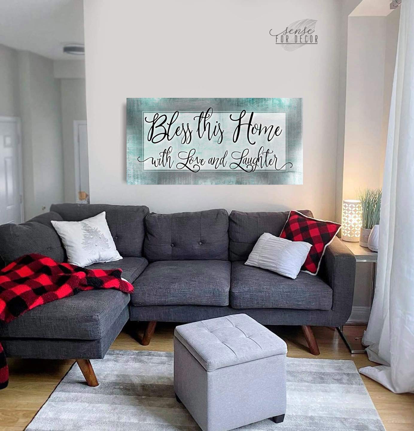Bless This Home With Love - Religious Wall Decor for Housewarming Gifts, Rustic Home Decoration in Light Teal (60x27) - Perfect for Living Room, Bedroom & Entryway Décor