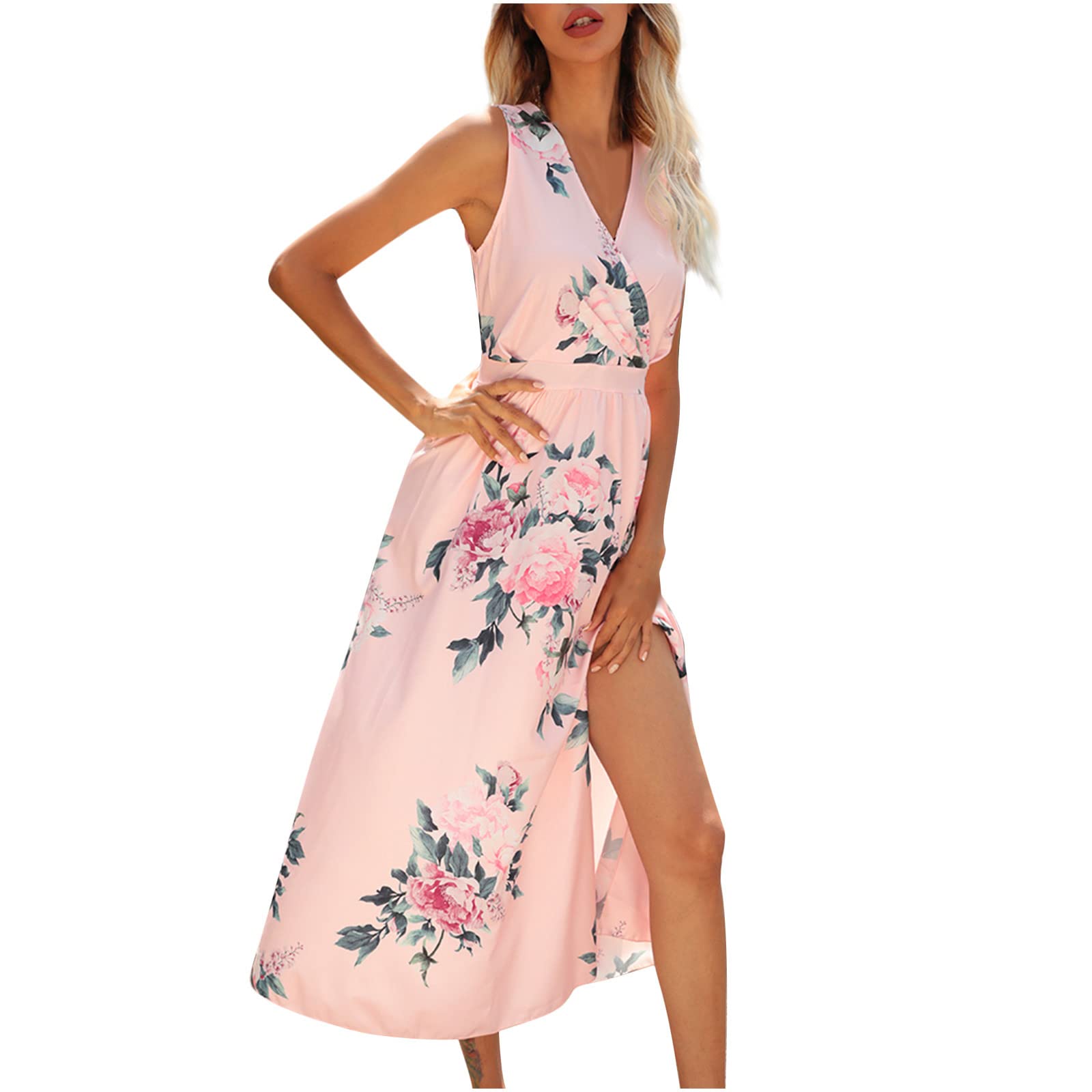 Boho Print Summer Dress for Women - V-Neck Sleeveless Beach Dress with Side Slit | Flowy Midi Sun Dress | Perfect for Beach Vacations, Pool Parties & Summer Outings