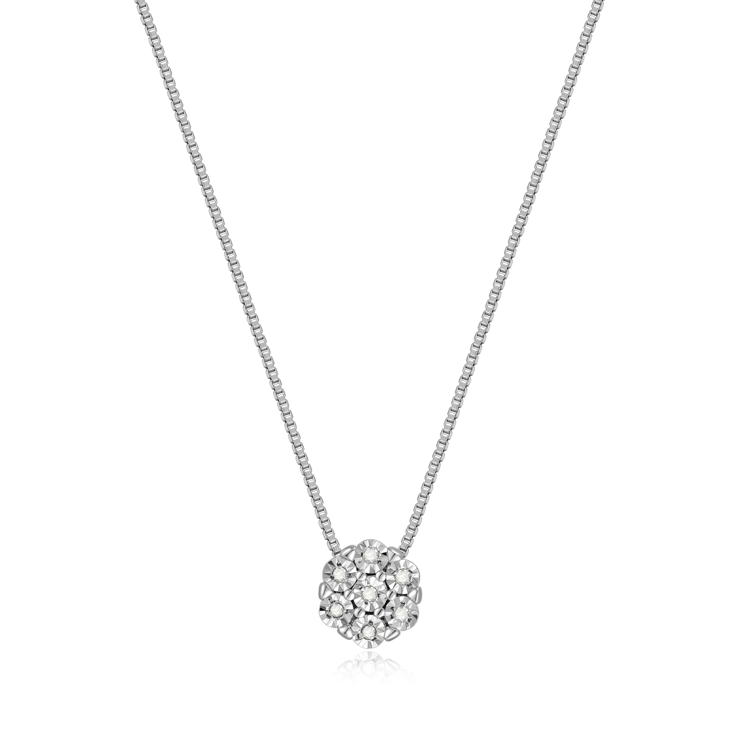 Morgan & Paige .925 Sterling Silver Rhodium Plated 1/10 Cttw Diamond Pendant Necklace & Stud Earrings Set (I-J Color, I2-I3 Clarity) - Pave Flower Design Matching Jewelry for Anniversary, Wedding & Special Occasion Gifts