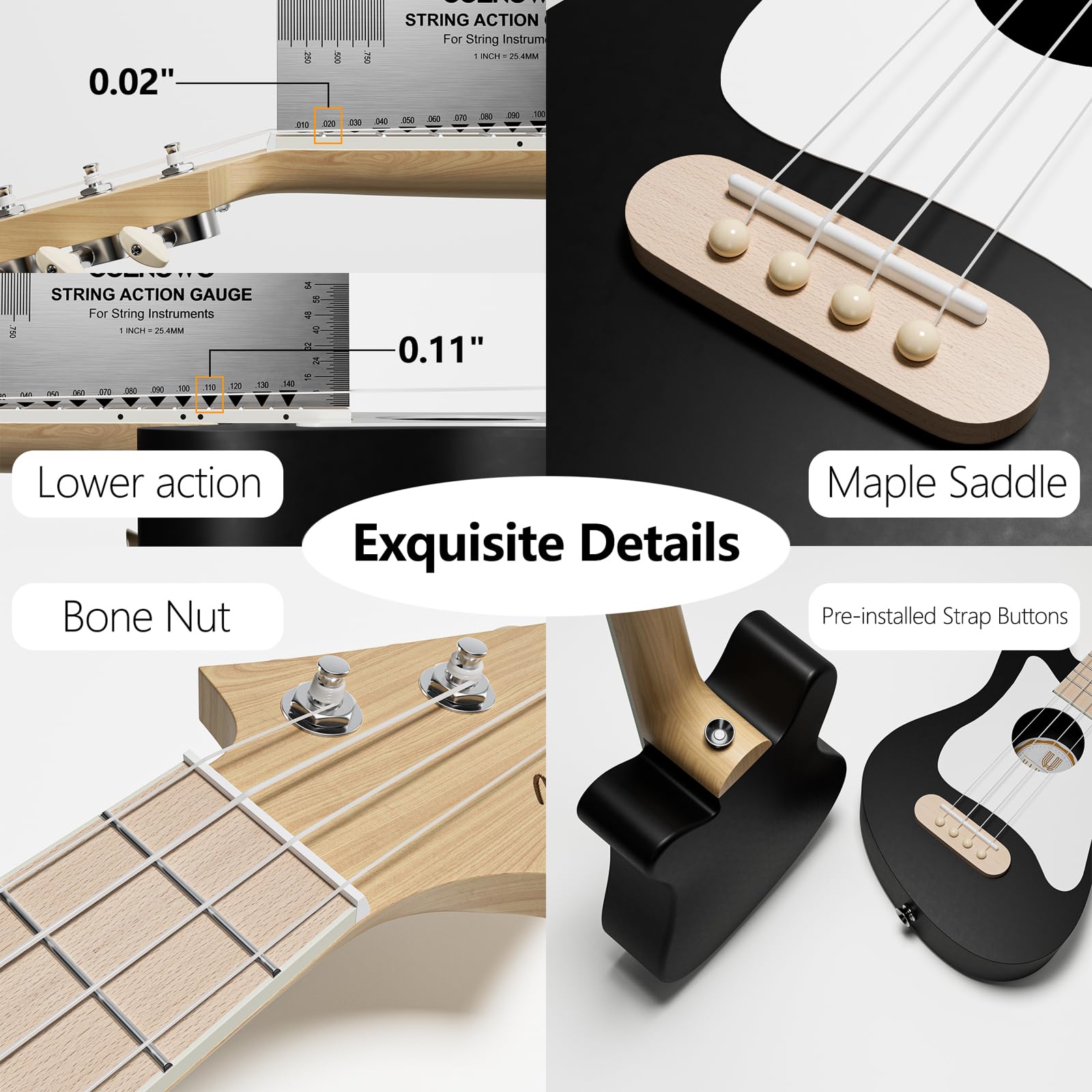 Soprano Ukulele Beginner Kit - 21.5 Inch Spruce Wood Ukelele with White Pickguard, Gig Bag, Digital Tuner, Extra Strings, 3 Picks & Strap - Perfect for Beginners, Travel & Outdoor Performances (Black, Model P005WBK)