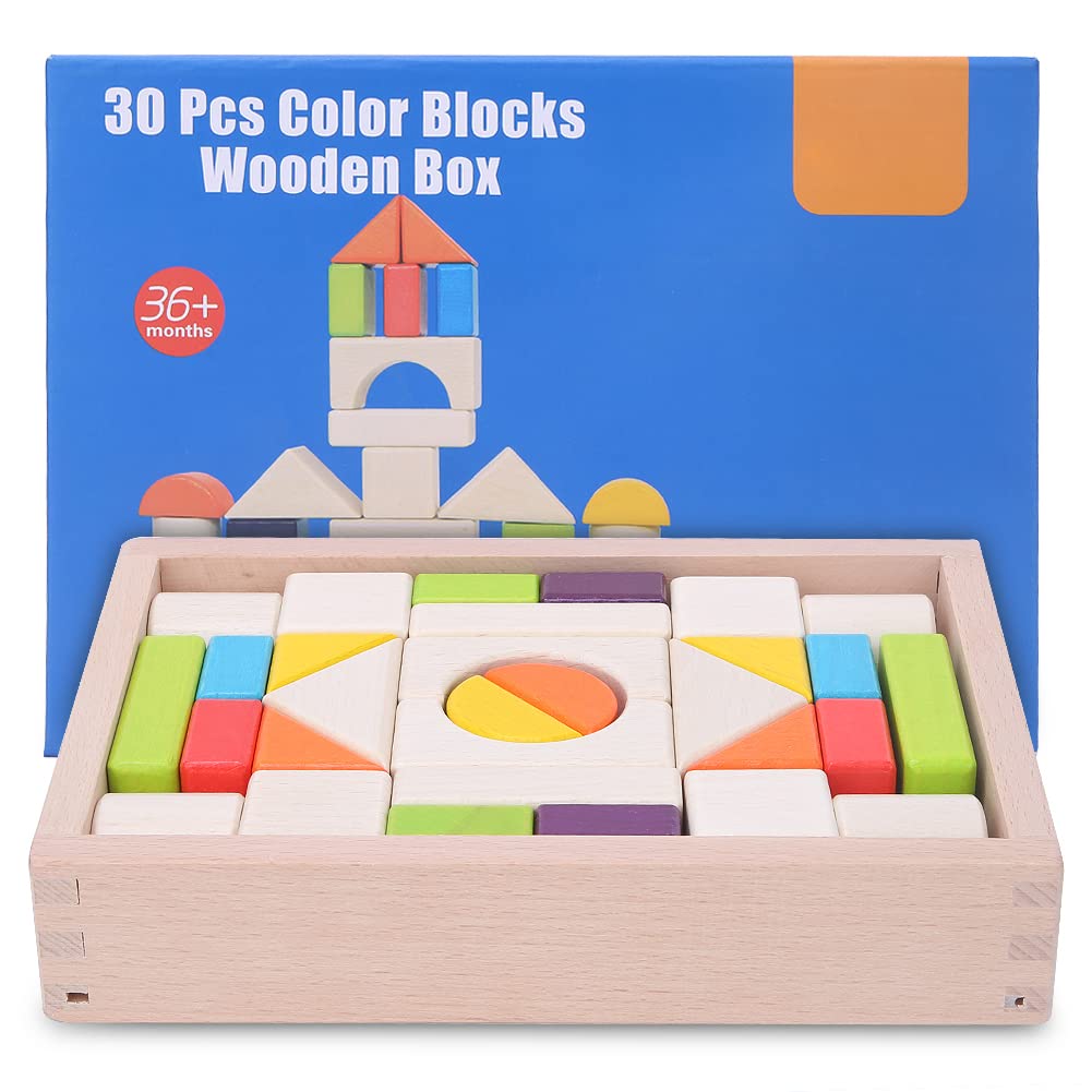 VGEBY 30Pcs Wooden Building Blocks for Kids - Educational STEM Toys for Boys & Girls Ages 3-8 - Creative Construction Learning Toys for Preschool Classroom & Home Playtime