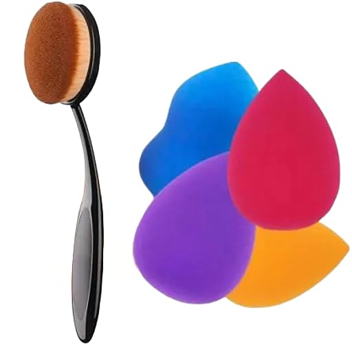 4+1 Pcs Professional Makeup Sponge Set with Foundation Brush - Soft Blending Beauty Sponges for Liquid, Cream & Powder Cosmetics - Perfect for Contouring, Highlighting & Flawless Makeup Application (5-Piece Set)