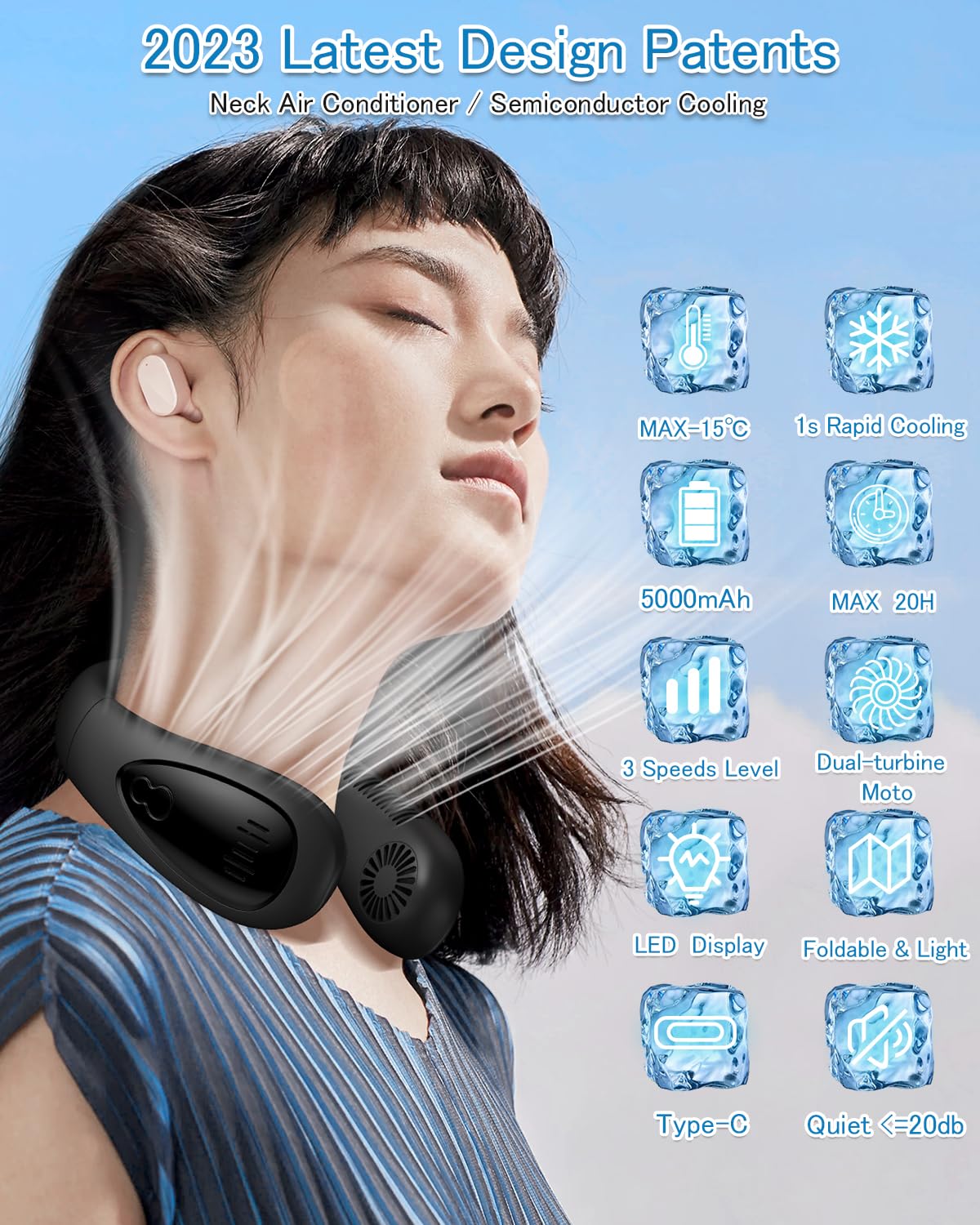 Portable Neck Air Conditioner Fan - 360° Cooling Airflow with Rechargeable 5000mAh Battery, Hands-Free Bladeless Wearable Mini Fan for Men, Women & Kids - Perfect for Home, Office, Outdoor Sports & Travel