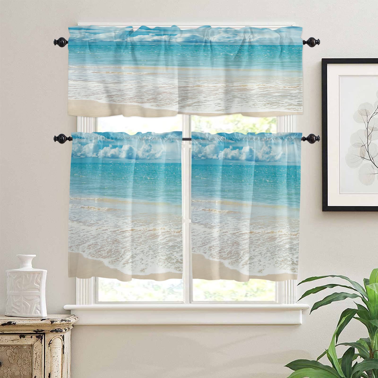 3 Piece Tropical Beach Kitchen Curtains Set - Ocean Wave Design Summer Tier Curtains with Valance for Small Windows (24