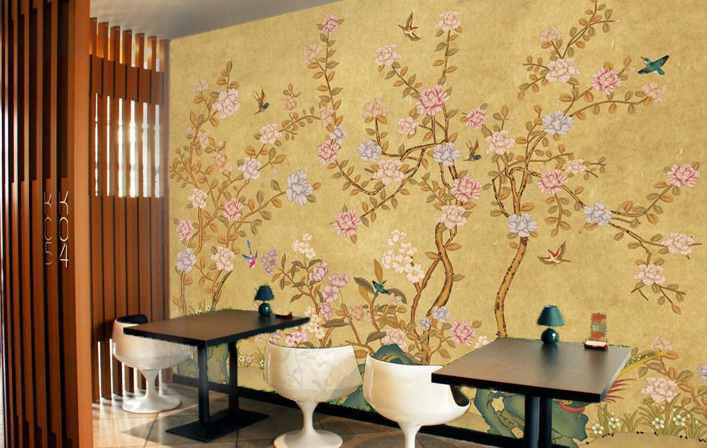 3D Flower Twig Bird Wallpaper - Self-Adhesive Vinyl Wall Mural (82