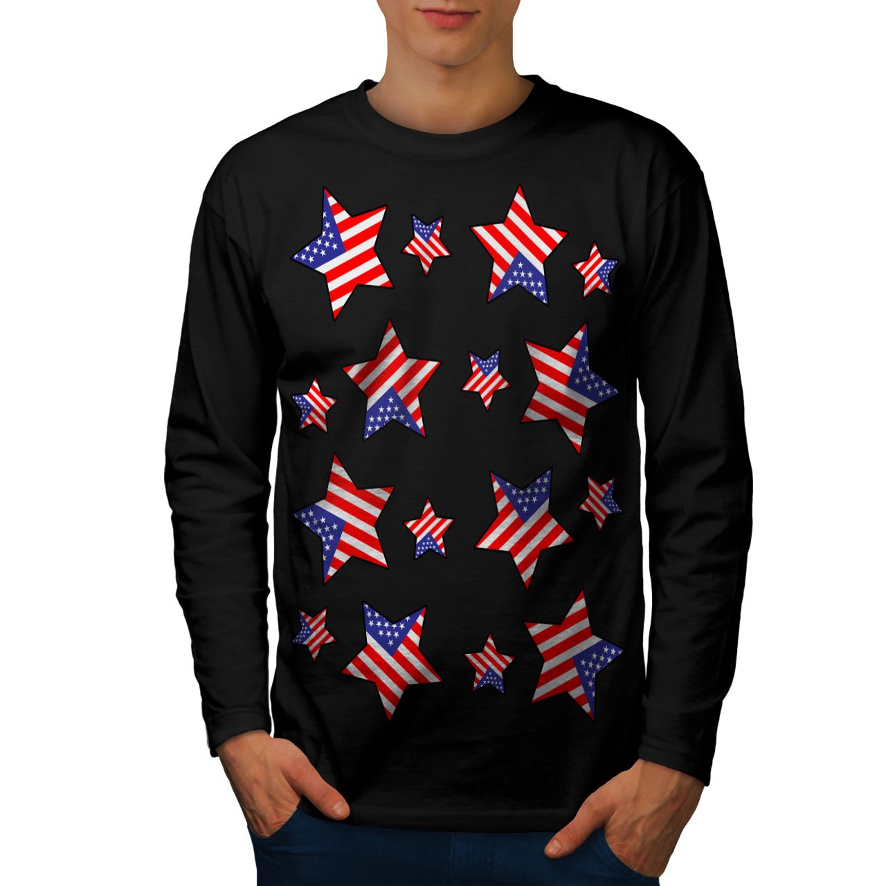 Wellcoda American Flag Stars USA Patriotic Long Sleeve Graphic T-Shirt for Men - Perfect for 4th of July, Veterans Day & Patriotic Events