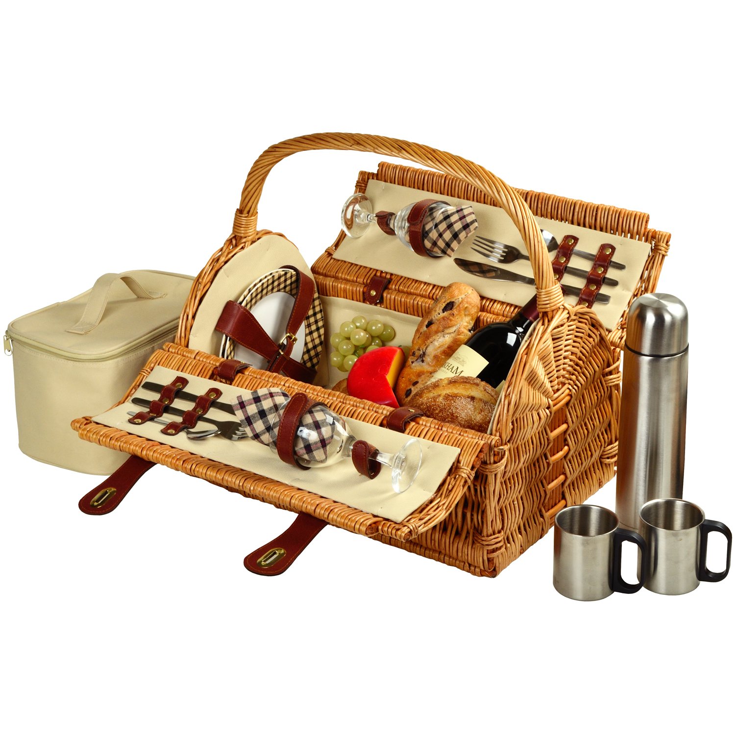 Picnic at Ascot Sussex Willow Picnic Basket for 2 with Coffee Set - Classic London Plaid - Perfect for Romantic Outdoors, Beach Picnics & Garden Parties