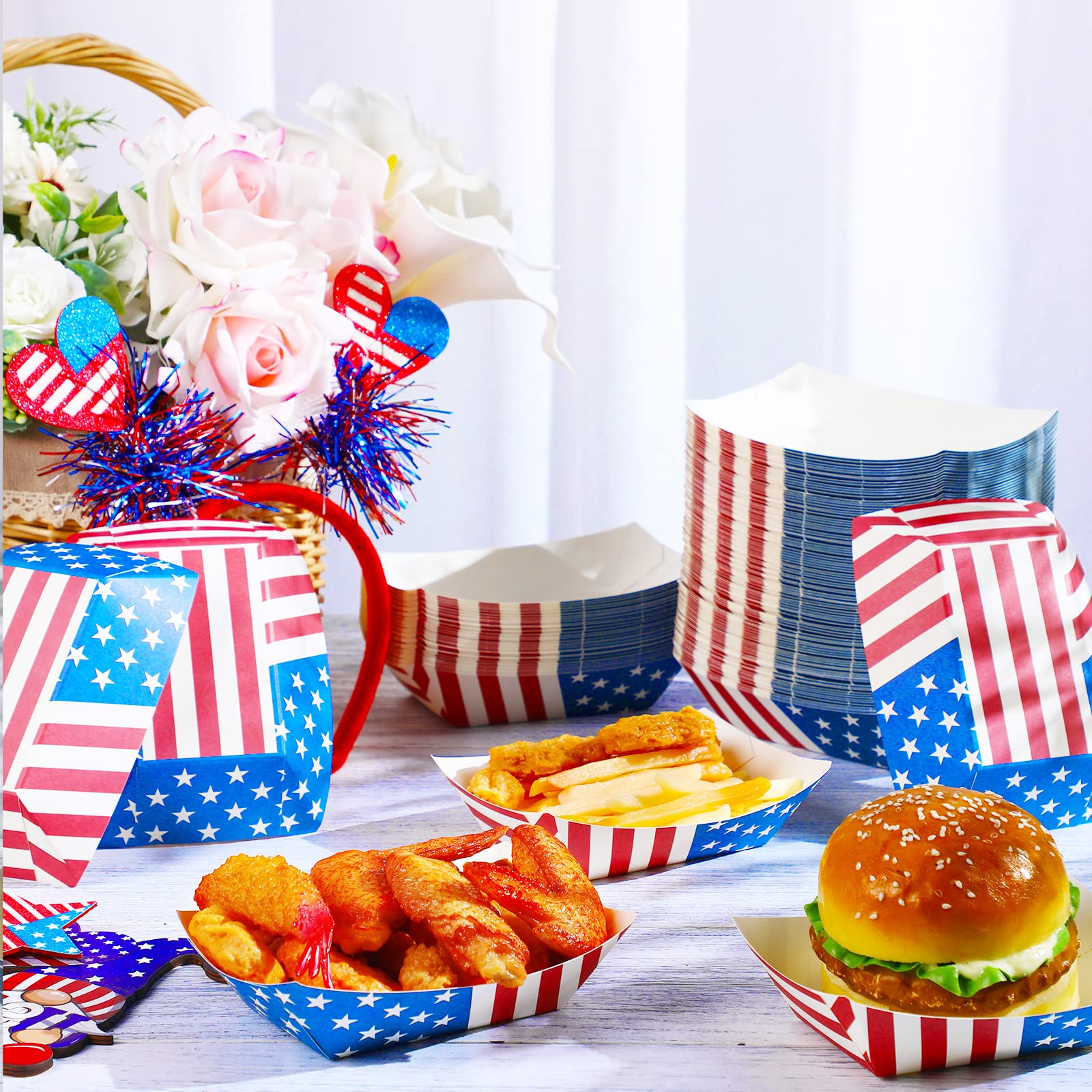 Gejoy 100-Pack 2 lb Disposable Patriotic Paper Food Trays - American Flag Design for Nachos, Snacks & Party Serving | Perfect for 4th of July, Independence Day, Memorial Day & Veteran's Day Celebrations | Ideal for BBQs, Picnics & Patriotic Events