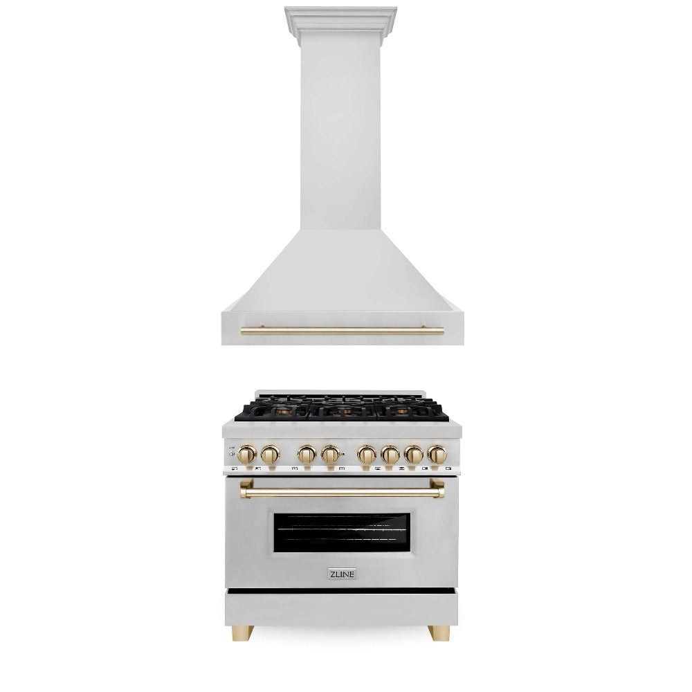 ZLINE Autograph Edition 36-inch Professional Kitchen Package - Stainless Steel Dual Fuel Range & Range Hood with Polished Gold Accents (2AKP RARH36 G) - Perfect for Gourmet Cooking & Modern Home Kitchens