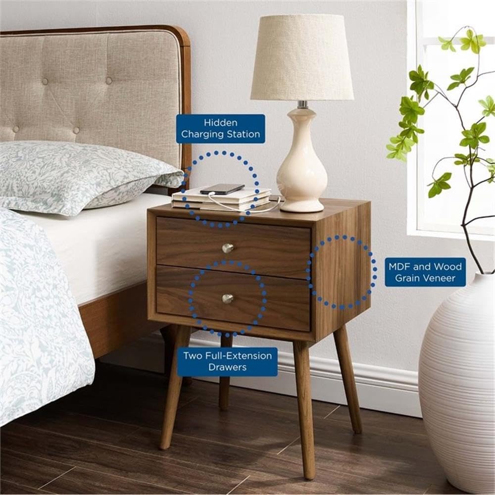 Modern Walnut Wood Nightstand with USB Ports - Stylish Bedside Table for Bedroom, Living Room & Office Storage