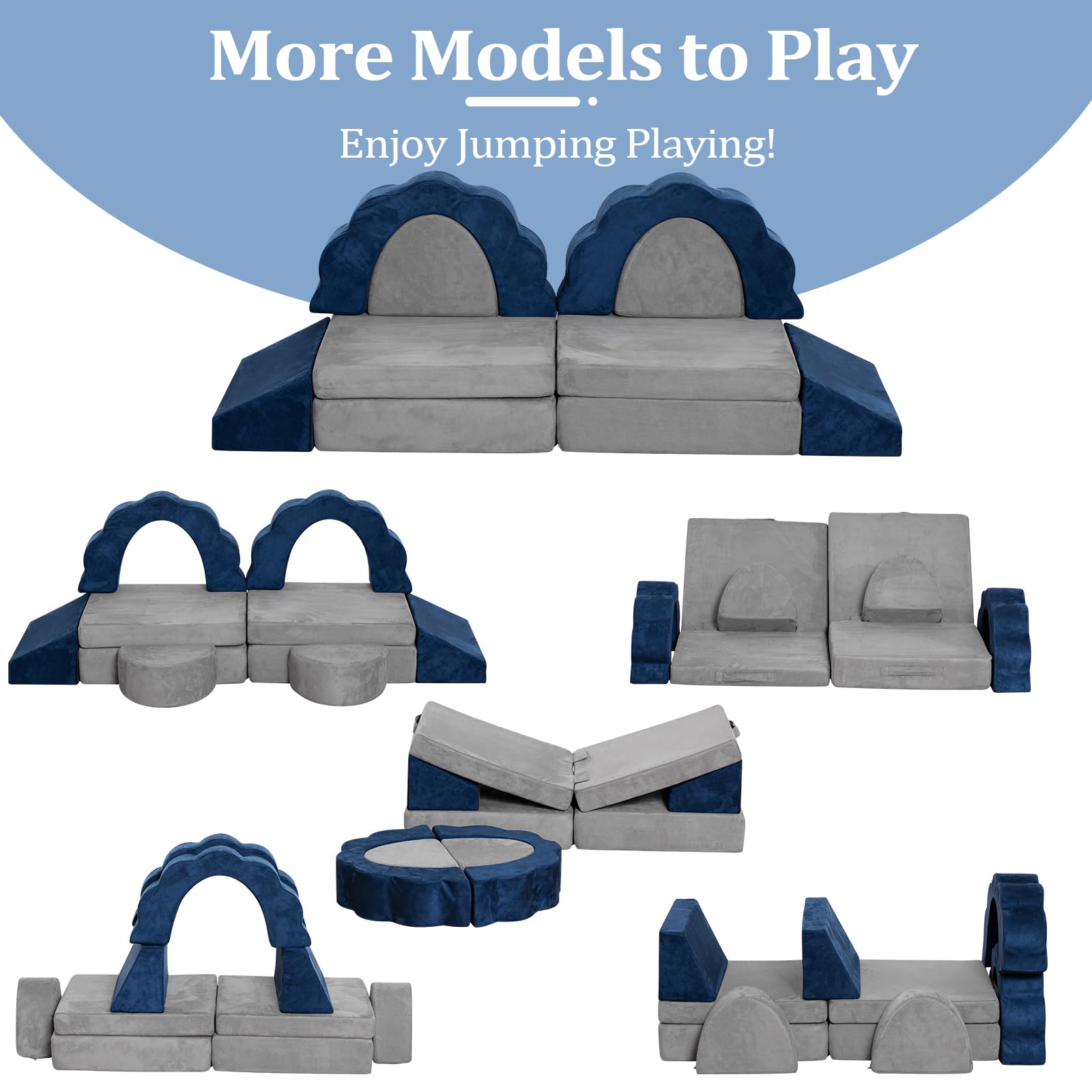 10PCS Kids Modular Foam Sofa Set - Convertible Toddler Play Couch for Boys & Girls, Grey & Blue (YME0008) | Indoor Playroom Furniture for Creative Play & Imaginative Fun